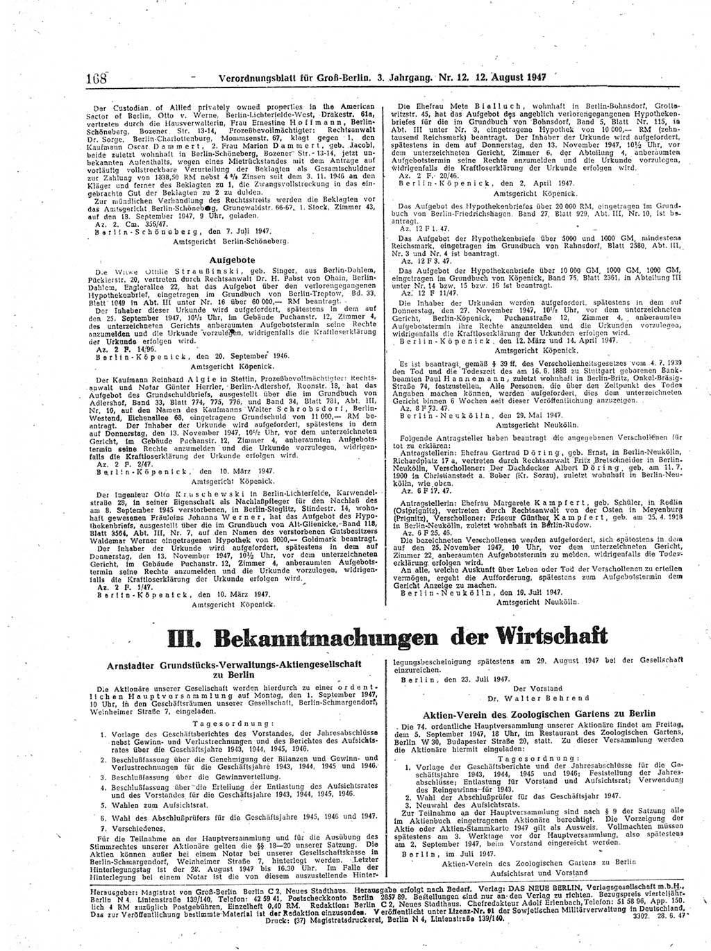 Verordnungsblatt (VOBl.) für Groß-Berlin 1947, Seite 168 (VOBl. Bln. 1947, S. 168)