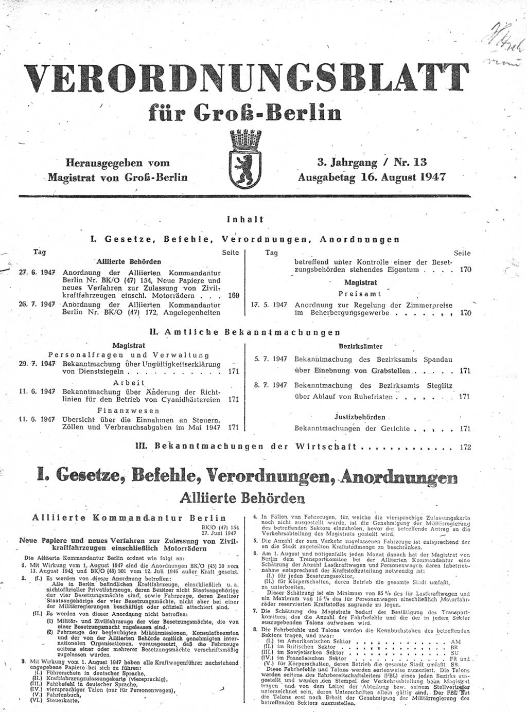 Verordnungsblatt (VOBl.) für Groß-Berlin 1947, Seite 169 (VOBl. Bln. 1947, S. 169)