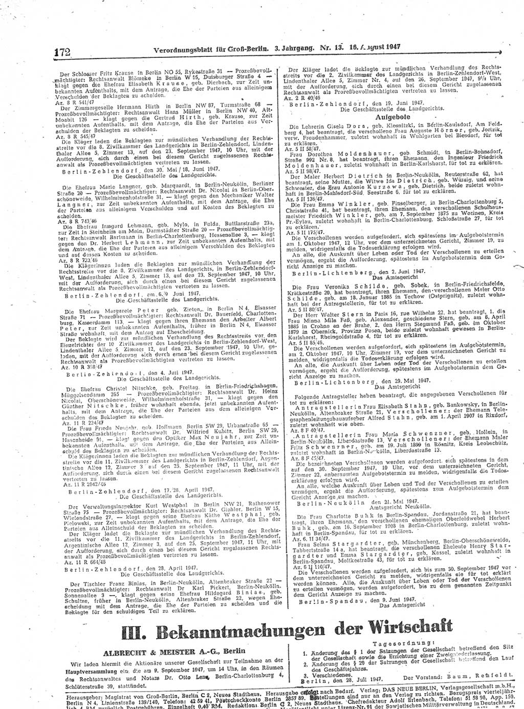 Verordnungsblatt (VOBl.) für Groß-Berlin 1947, Seite 172 (VOBl. Bln. 1947, S. 172)