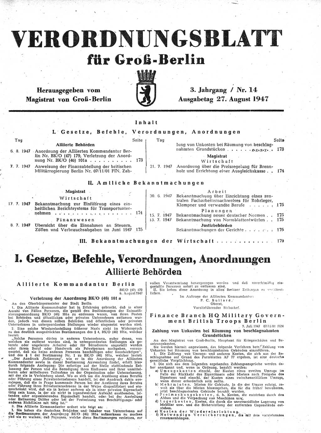 Verordnungsblatt (VOBl.) für Groß-Berlin 1947, Seite 173 (VOBl. Bln. 1947, S. 173)