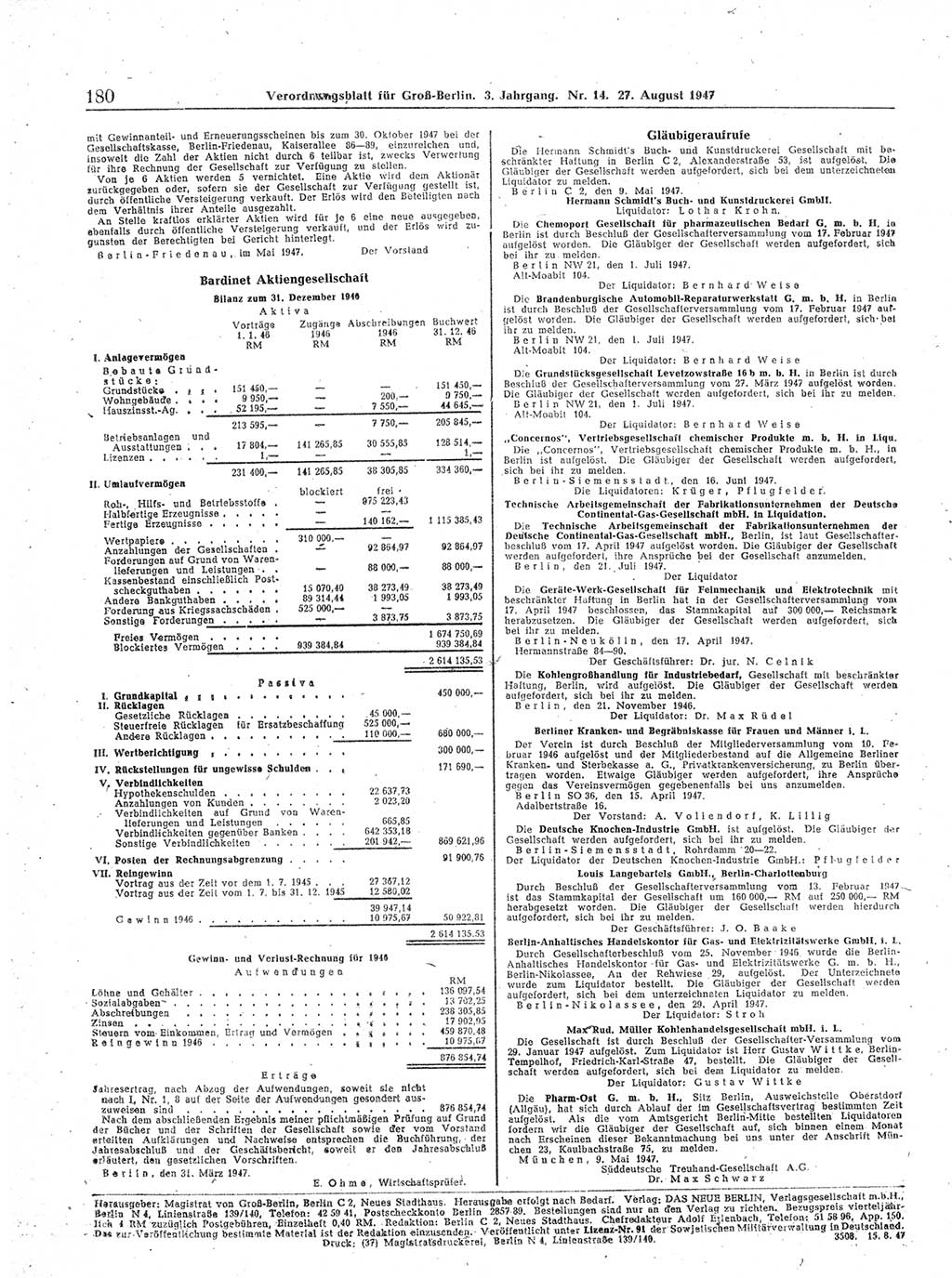 Verordnungsblatt (VOBl.) für Groß-Berlin 1947, Seite 180 (VOBl. Bln. 1947, S. 180)