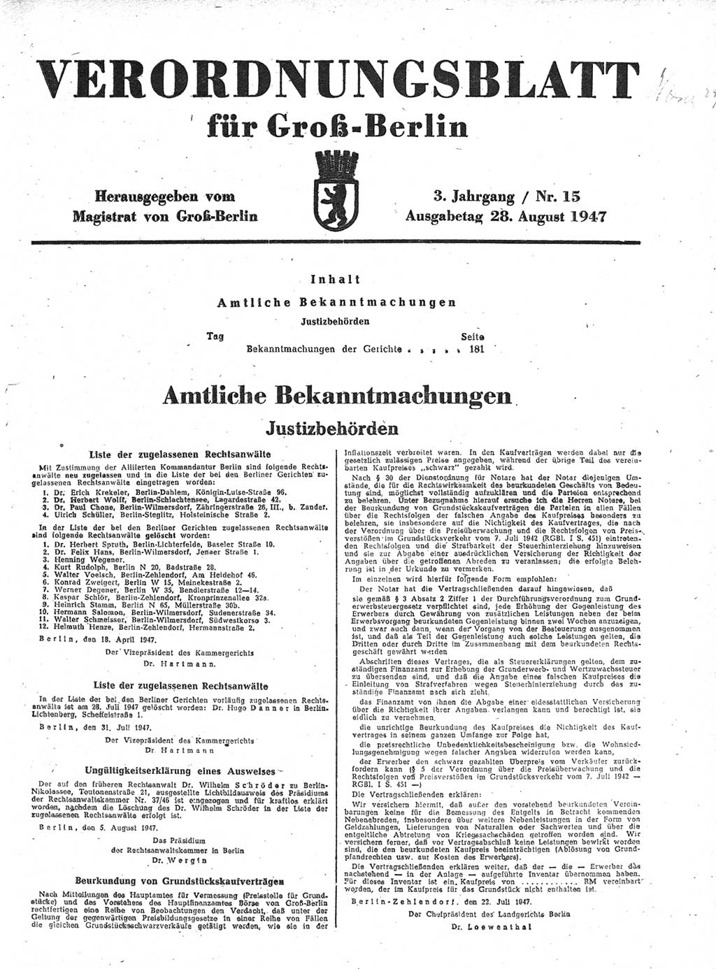 Verordnungsblatt (VOBl.) für Groß-Berlin 1947, Seite 181 (VOBl. Bln. 1947, S. 181)