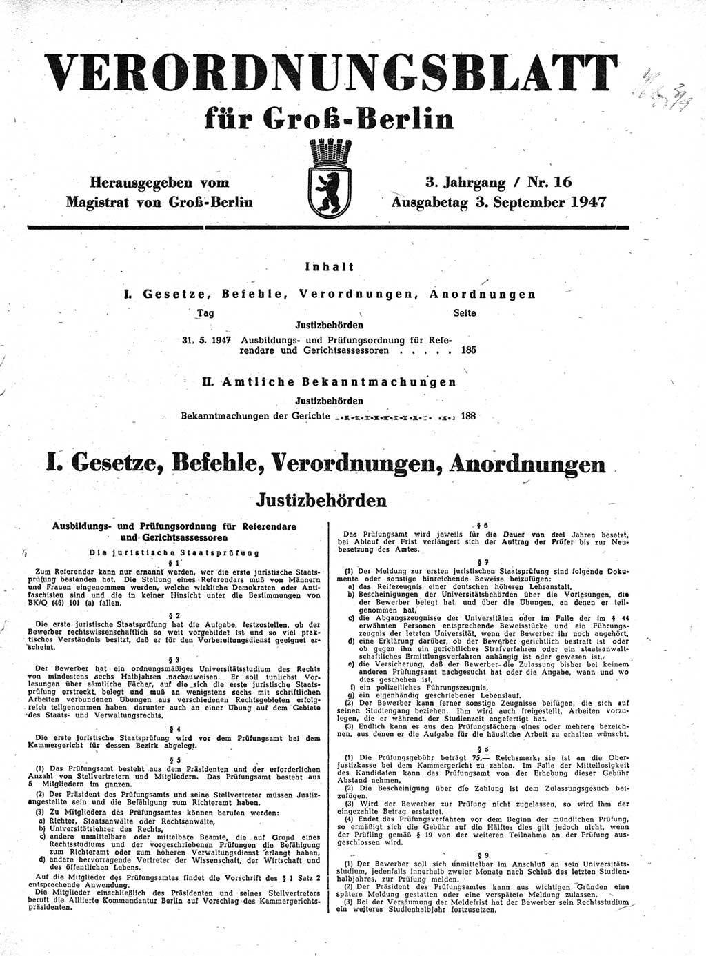 Verordnungsblatt (VOBl.) für Groß-Berlin 1947, Seite 185 (VOBl. Bln. 1947, S. 185)