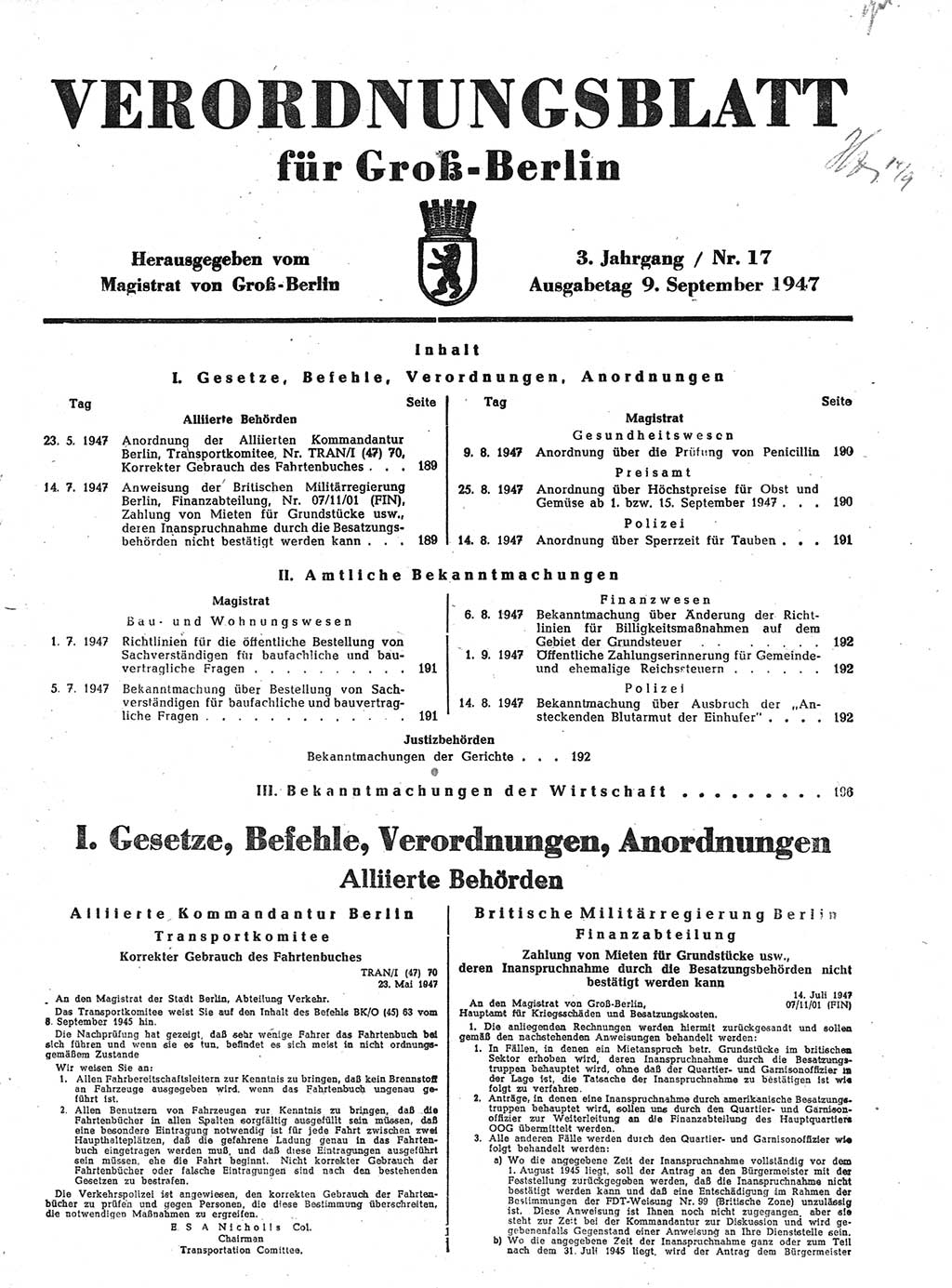 Verordnungsblatt (VOBl.) für Groß-Berlin 1947, Seite 189 (VOBl. Bln. 1947, S. 189)