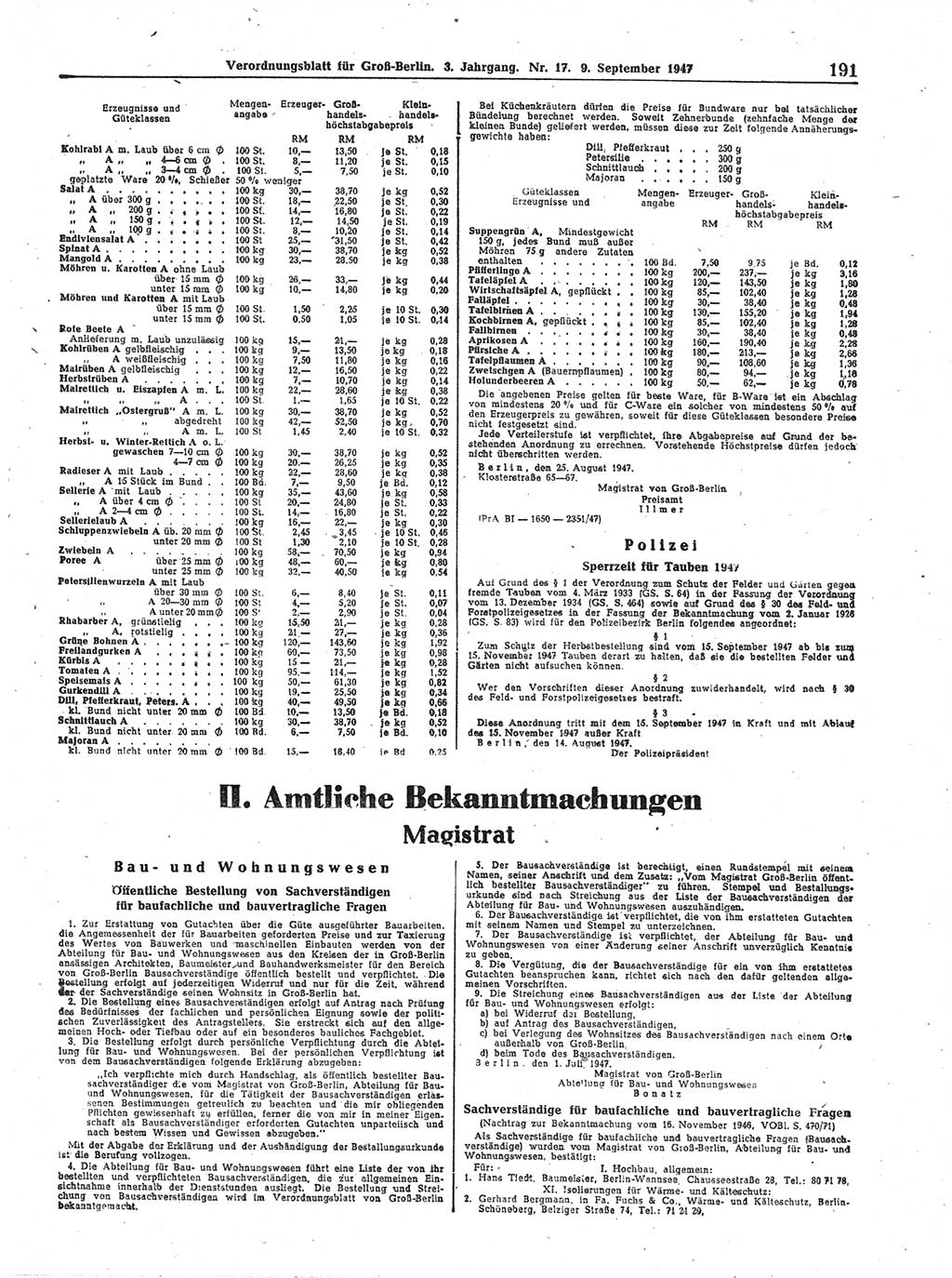 Verordnungsblatt (VOBl.) für Groß-Berlin 1947, Seite 191 (VOBl. Bln. 1947, S. 191)