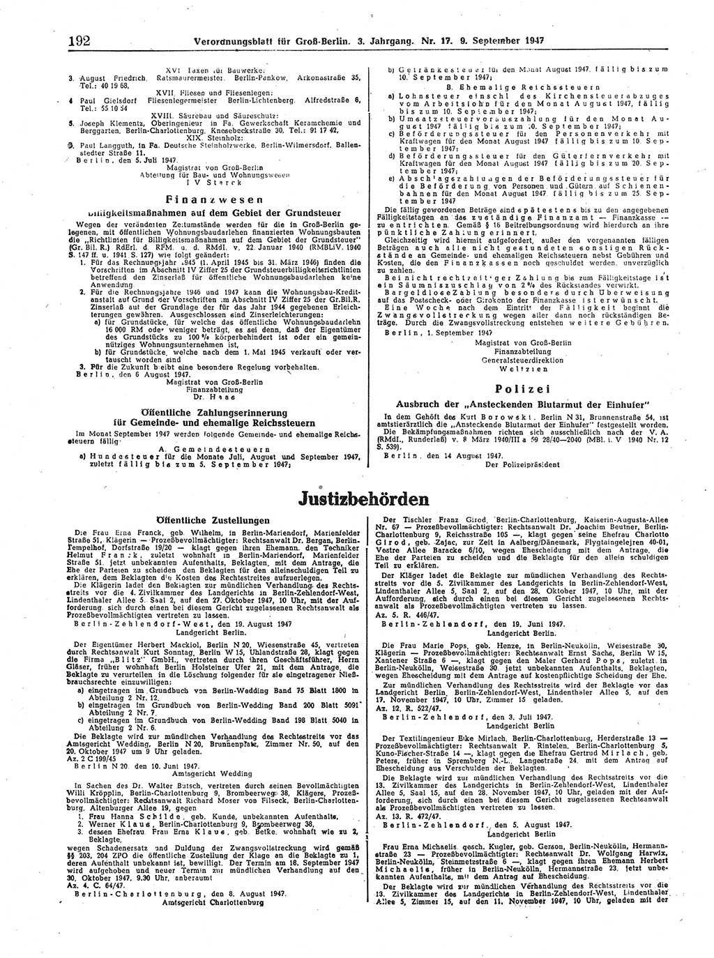 Verordnungsblatt (VOBl.) für Groß-Berlin 1947, Seite 192 (VOBl. Bln. 1947, S. 192)