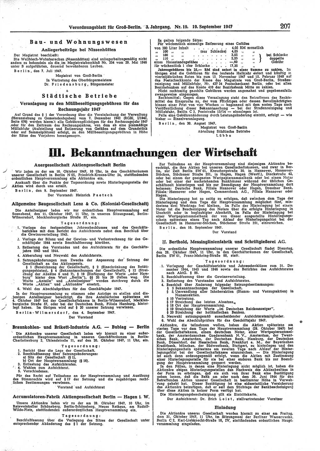 Verordnungsblatt (VOBl.) für Groß-Berlin 1947, Seite 207 (VOBl. Bln. 1947, S. 207)