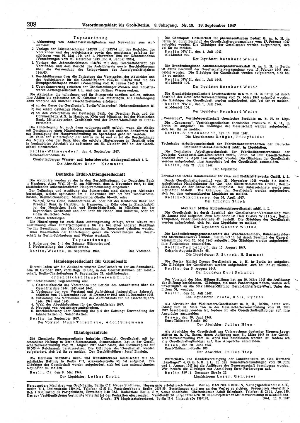 Verordnungsblatt (VOBl.) für Groß-Berlin 1947, Seite 208 (VOBl. Bln. 1947, S. 208)