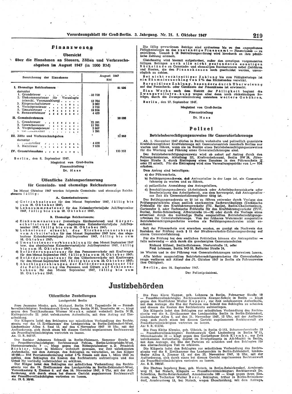 Verordnungsblatt (VOBl.) für Groß-Berlin 1947, Seite 219 (VOBl. Bln. 1947, S. 219)
