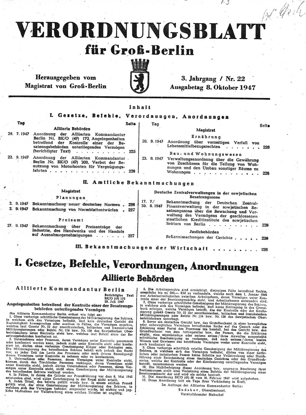Verordnungsblatt (VOBl.) für Groß-Berlin 1947, Seite 225 (VOBl. Bln. 1947, S. 225)