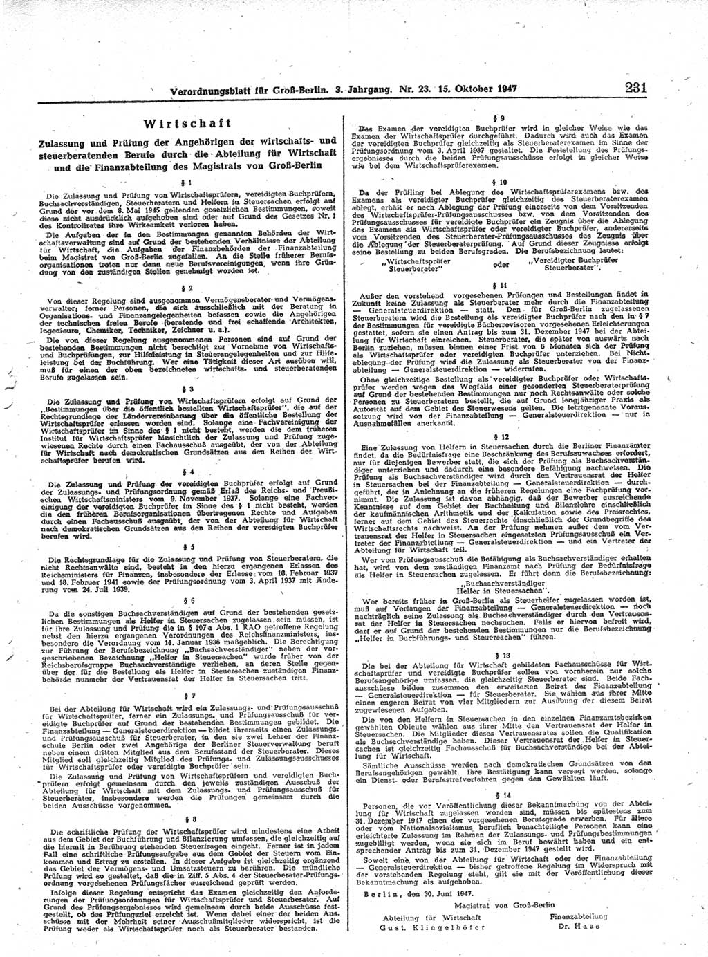 Verordnungsblatt (VOBl.) für Groß-Berlin 1947, Seite 231 (VOBl. Bln. 1947, S. 231)