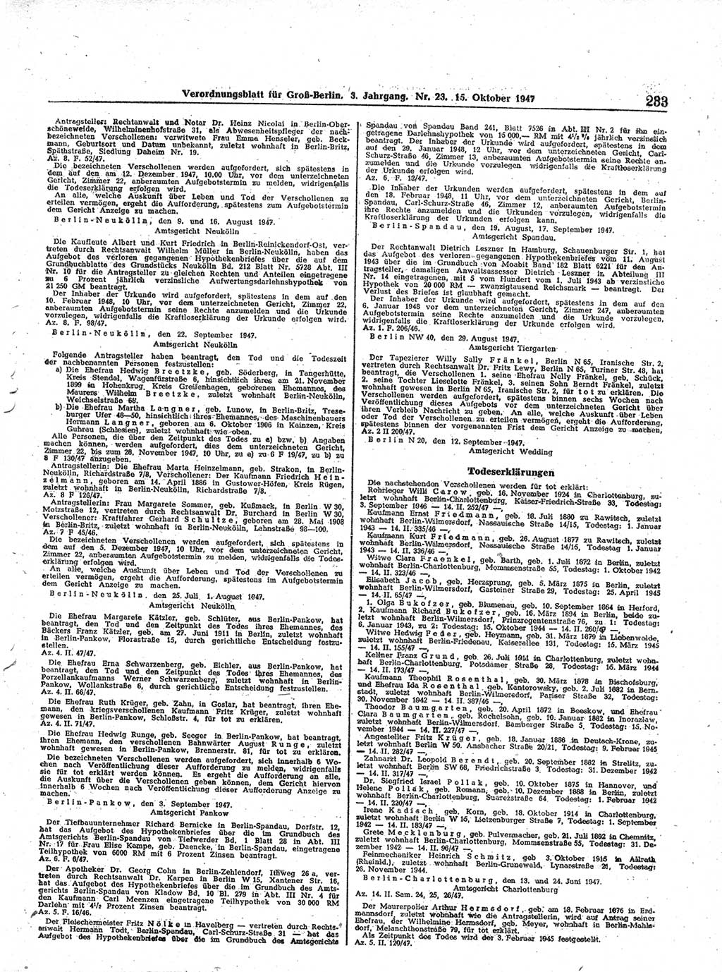 Verordnungsblatt (VOBl.) für Groß-Berlin 1947, Seite 233 (VOBl. Bln. 1947, S. 233)