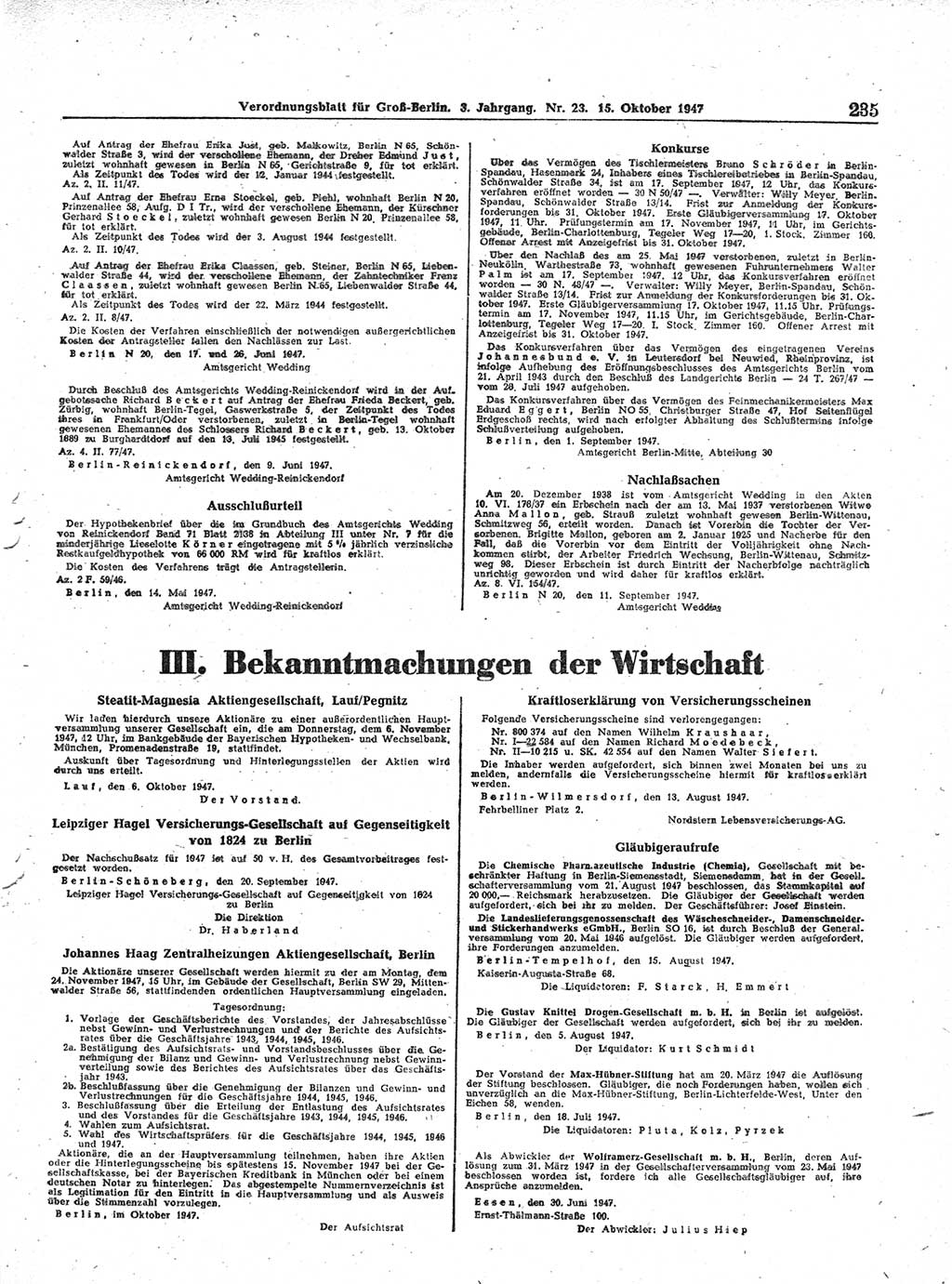 Verordnungsblatt (VOBl.) für Groß-Berlin 1947, Seite 235 (VOBl. Bln. 1947, S. 235)