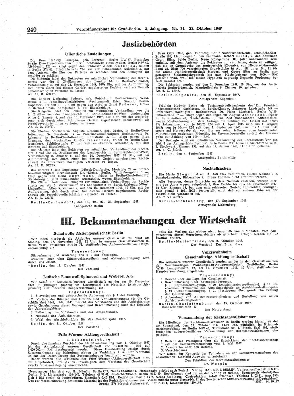 Verordnungsblatt (VOBl.) für Groß-Berlin 1947, Seite 240 (VOBl. Bln. 1947, S. 240)