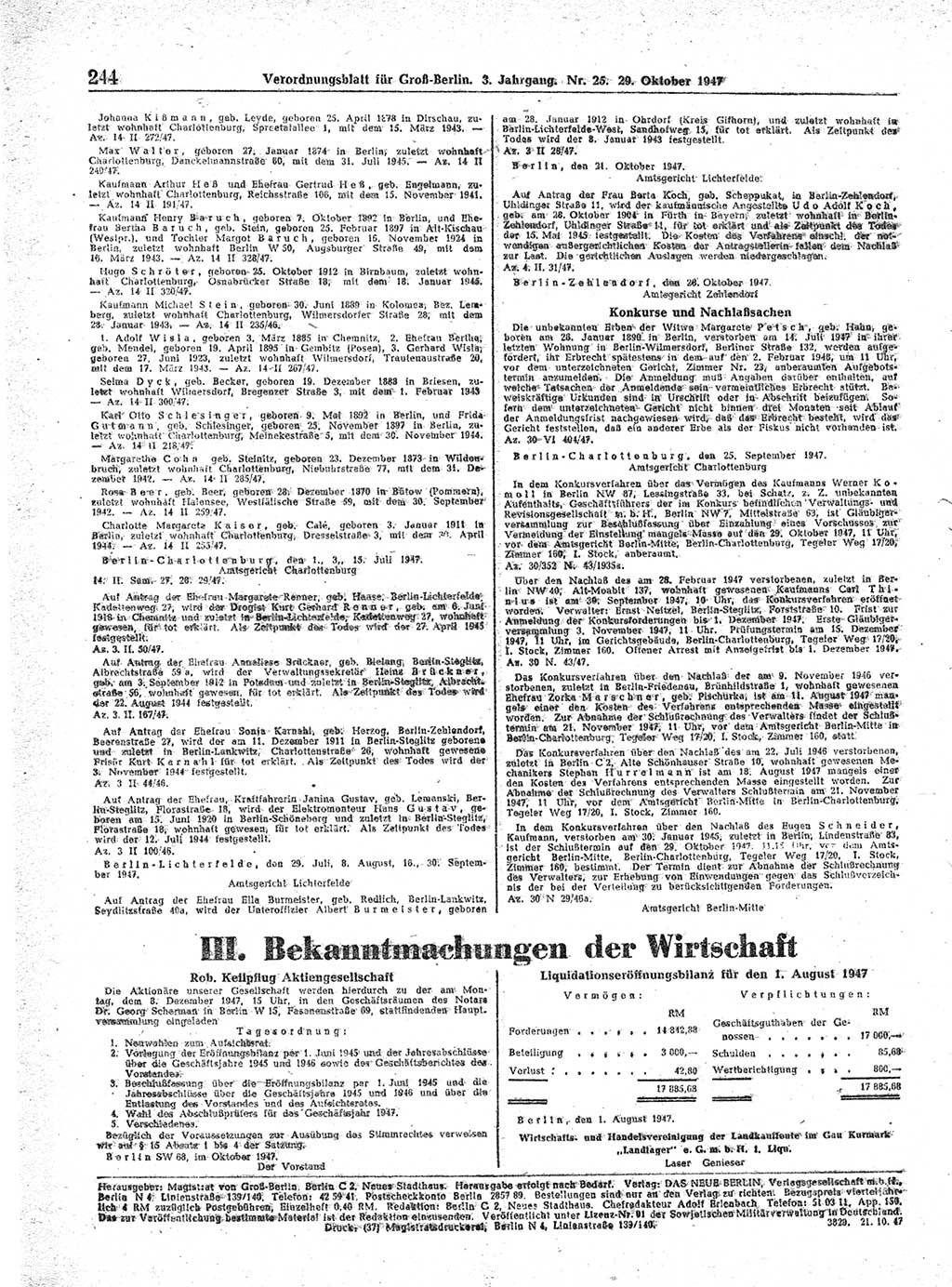 Verordnungsblatt (VOBl.) für Groß-Berlin 1947, Seite 244 (VOBl. Bln. 1947, S. 244)