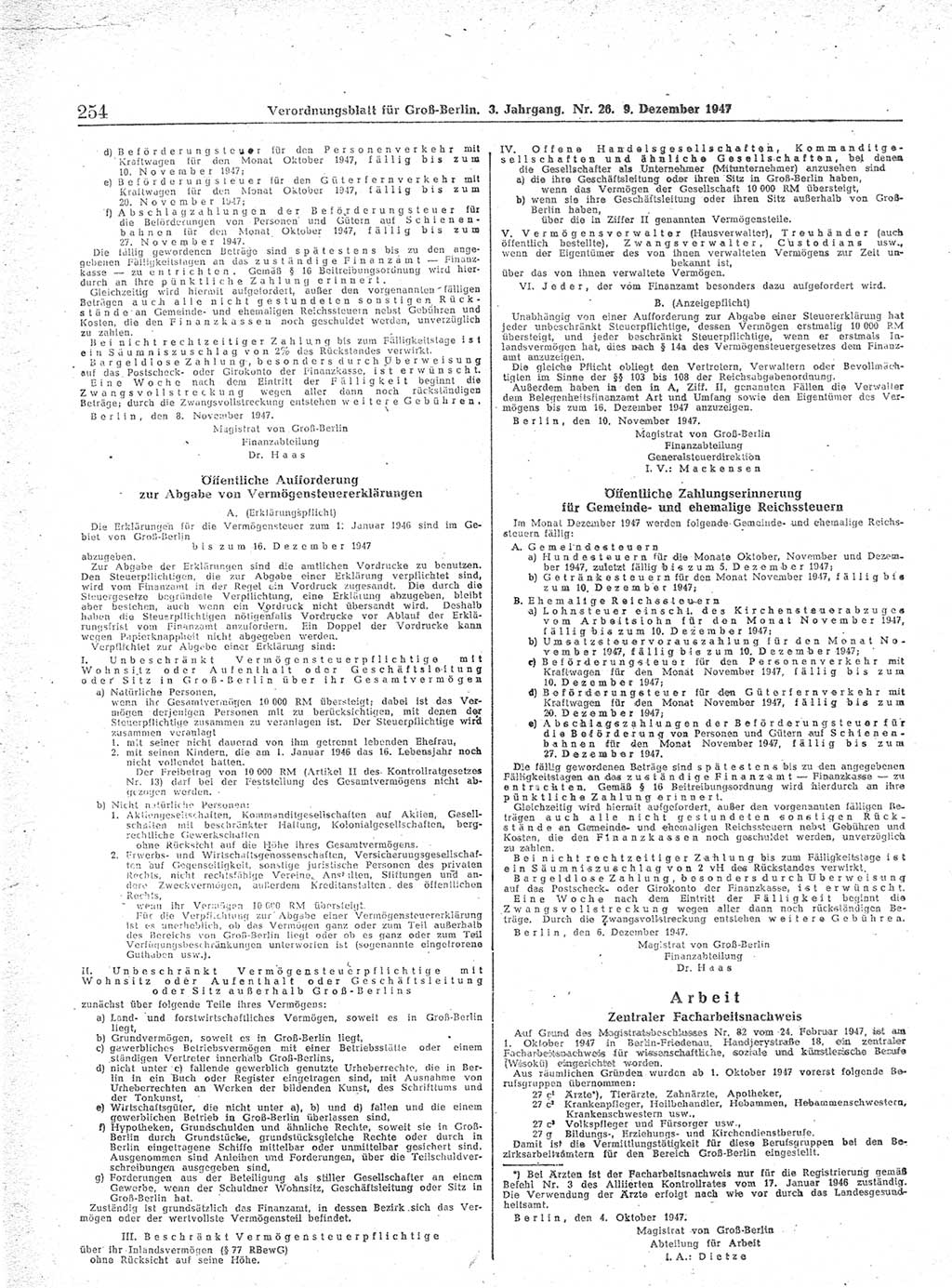 Verordnungsblatt (VOBl.) für Groß-Berlin 1947, Seite 254 (VOBl. Bln. 1947, S. 254)
