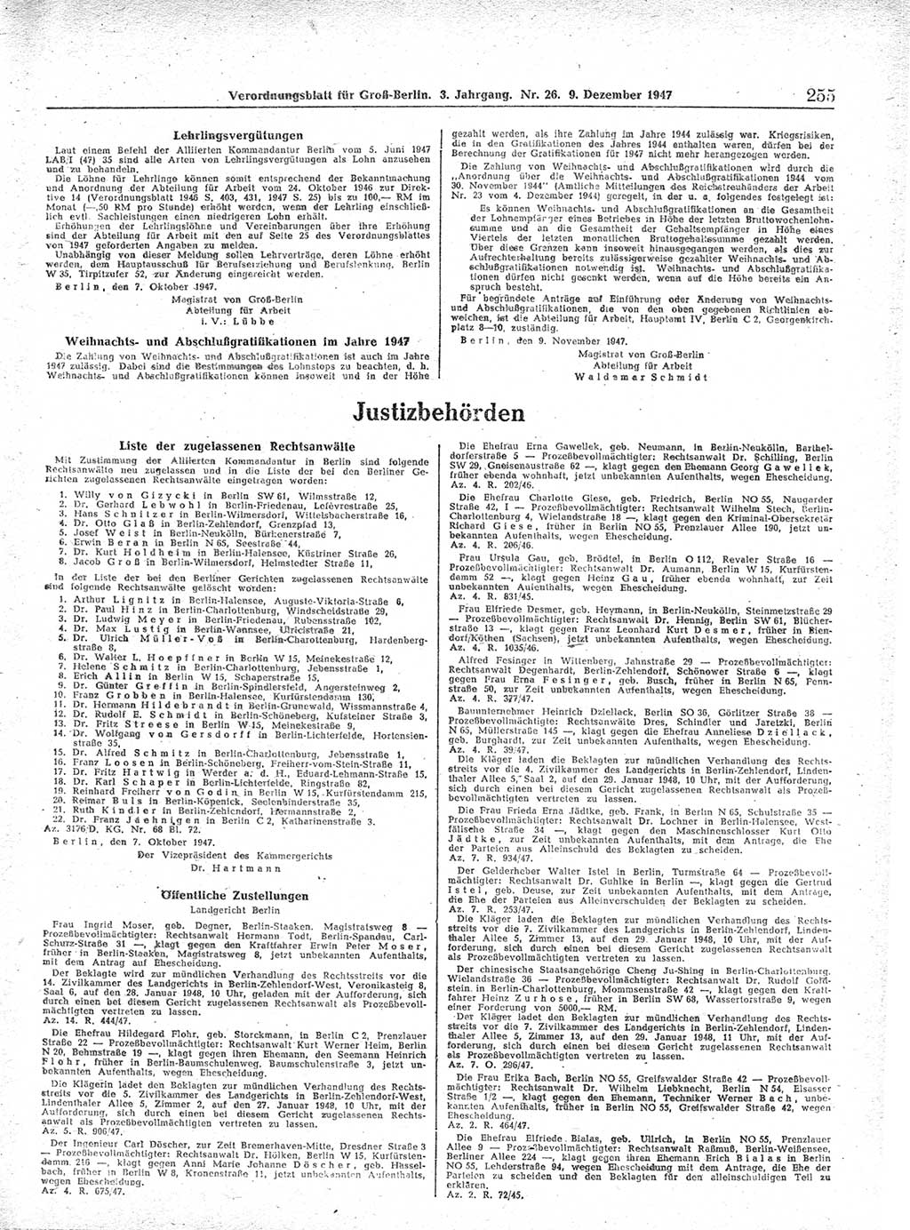Verordnungsblatt (VOBl.) für Groß-Berlin 1947, Seite 255 (VOBl. Bln. 1947, S. 255)