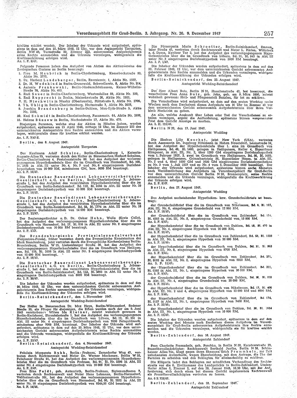 Verordnungsblatt (VOBl.) für Groß-Berlin 1947, Seite 257 (VOBl. Bln. 1947, S. 257)