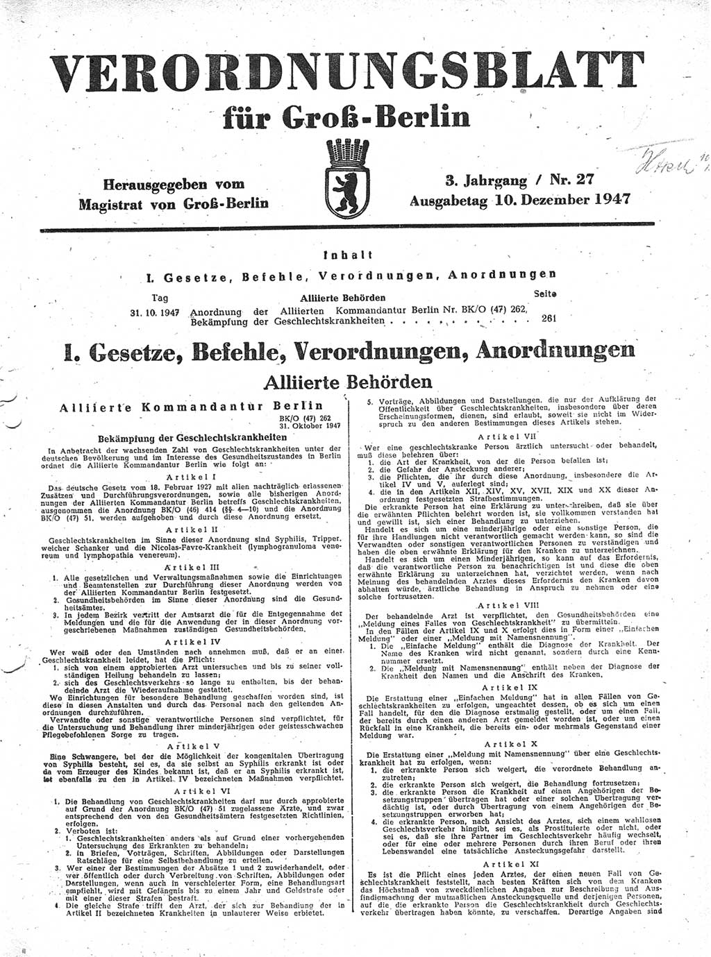 Verordnungsblatt (VOBl.) für Groß-Berlin 1947, Seite 261 (VOBl. Bln. 1947, S. 261)