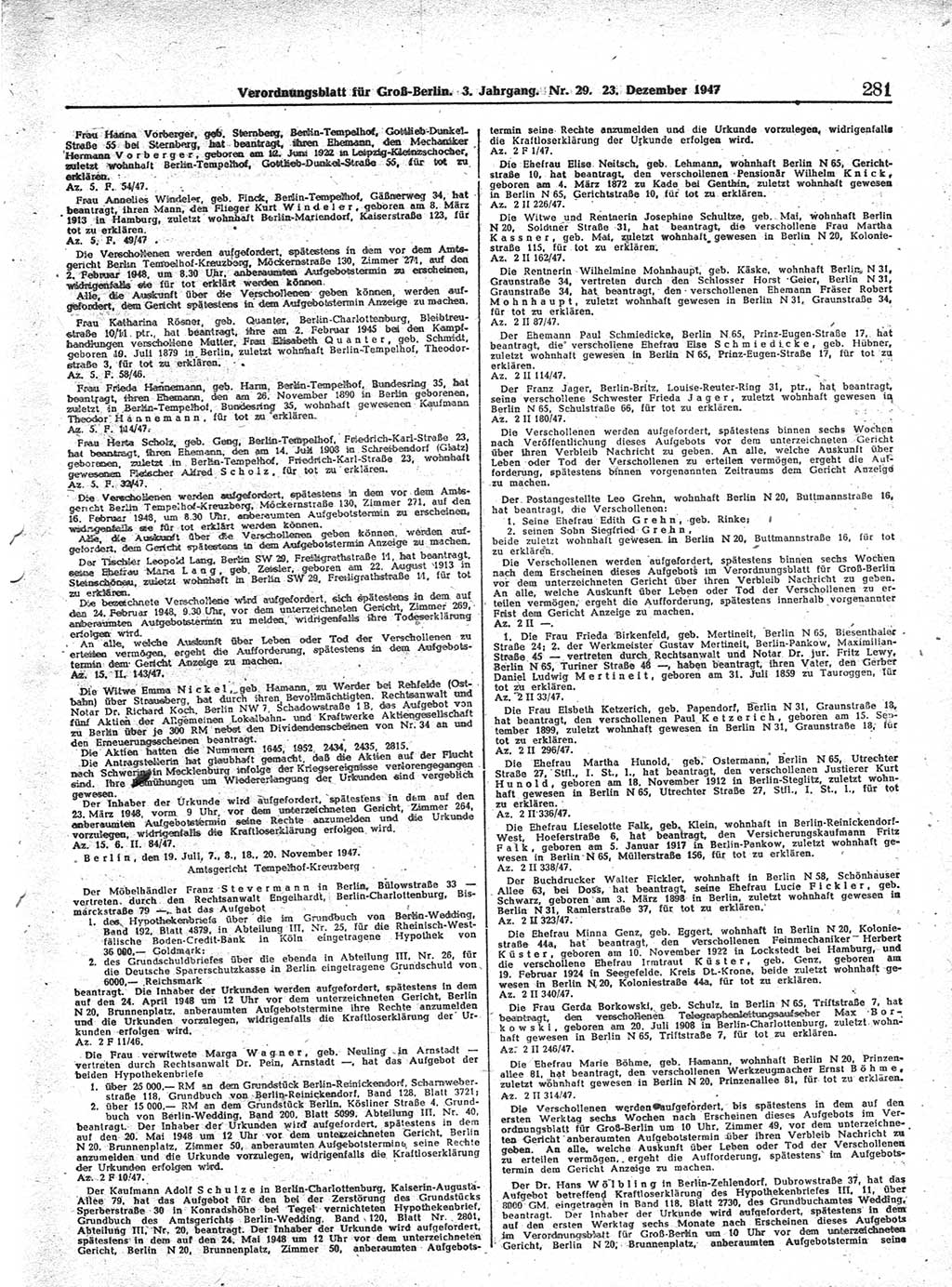 Verordnungsblatt (VOBl.) für Groß-Berlin 1947, Seite 281 (VOBl. Bln. 1947, S. 281)