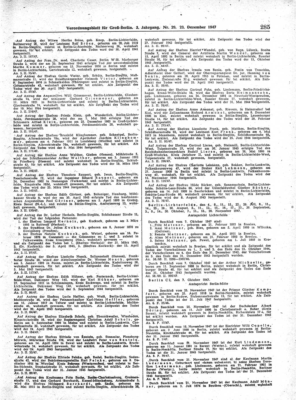 Verordnungsblatt (VOBl.) für Groß-Berlin 1947, Seite 285 (VOBl. Bln. 1947, S. 285)