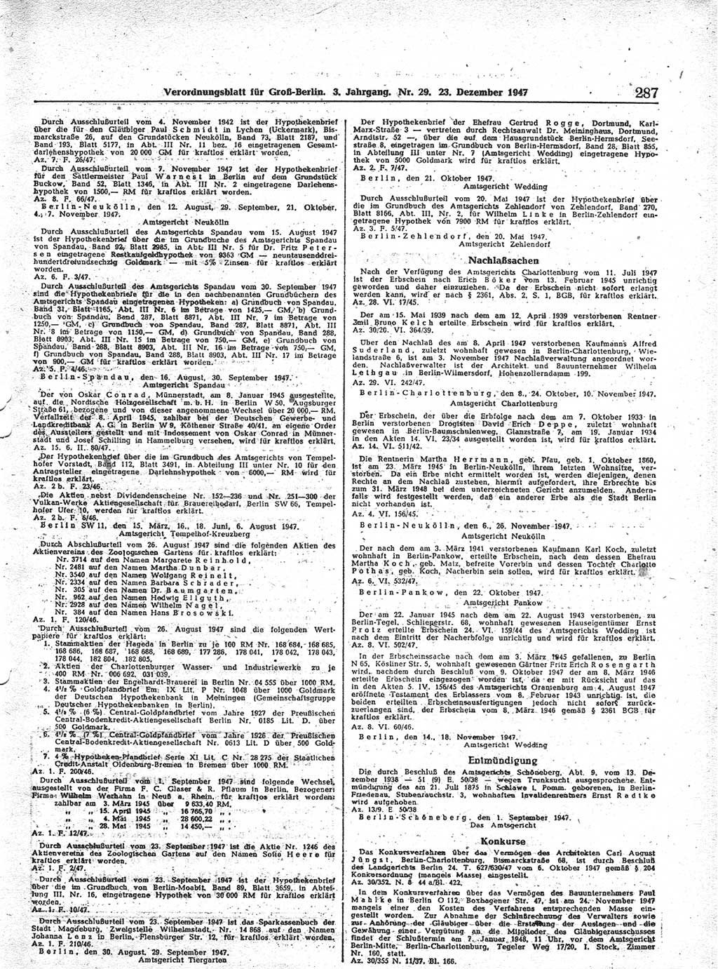 Verordnungsblatt (VOBl.) für Groß-Berlin 1947, Seite 287 (VOBl. Bln. 1947, S. 287)