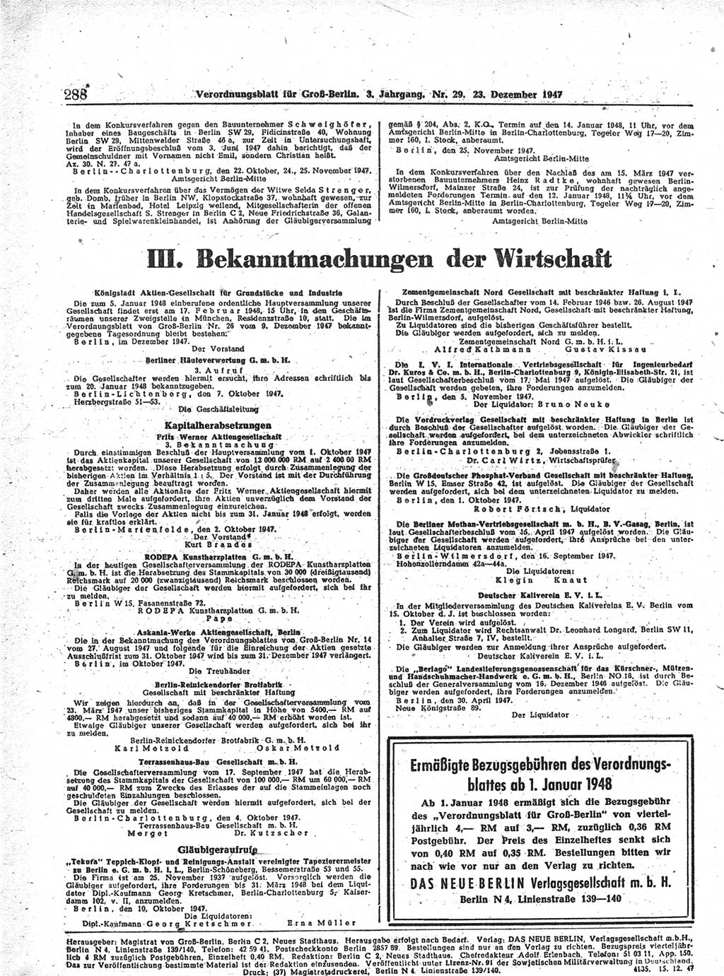 Verordnungsblatt (VOBl.) für Groß-Berlin 1947, Seite 288 (VOBl. Bln. 1947, S. 288)