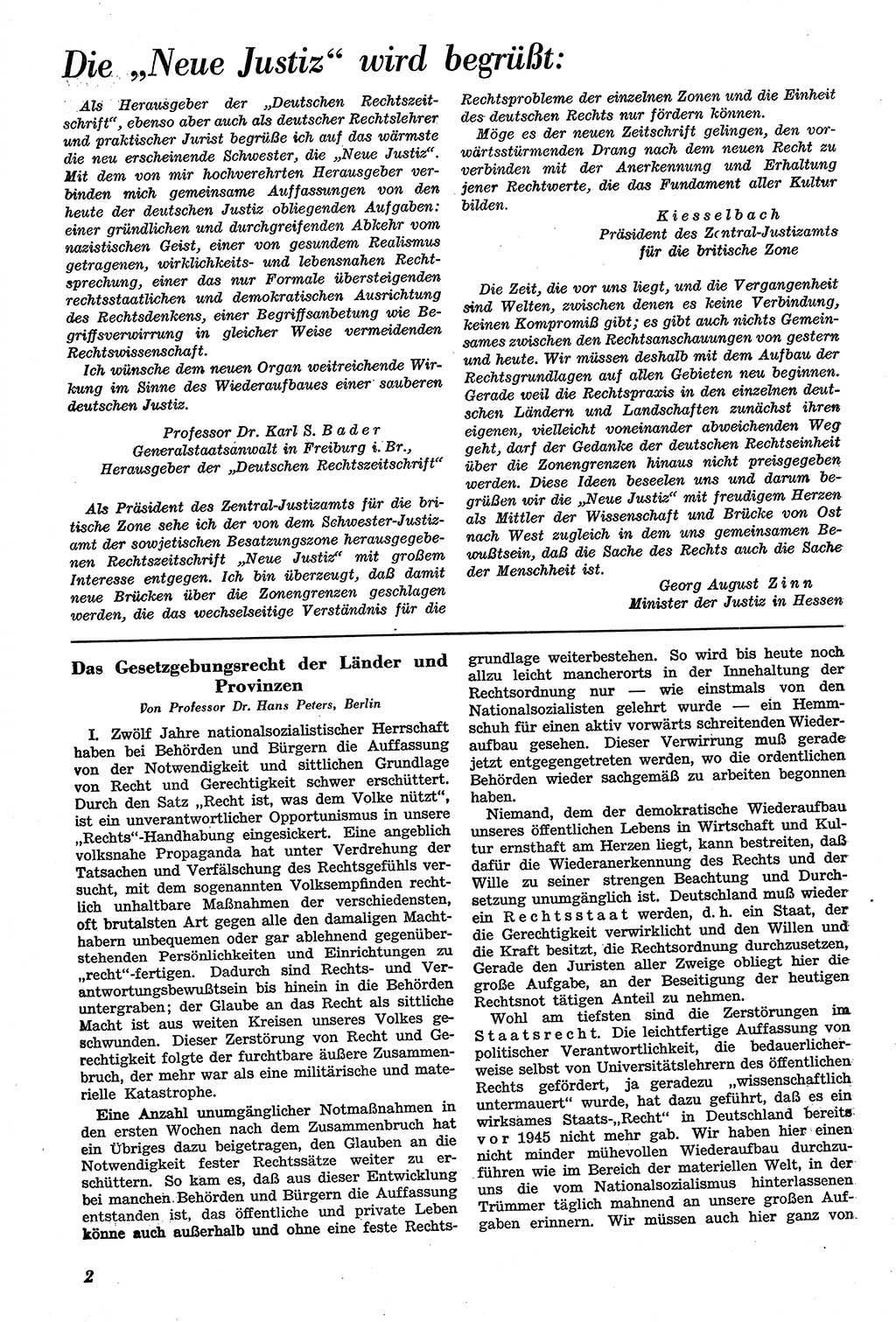 Neue Justiz (NJ), Zeitschrift für Recht und Rechtswissenschaft [Sowjetische Besatzungszone (SBZ) Deutschland], 1. Jahrgang 1947, Seite 2 (NJ SBZ Dtl. 1947, S. 2)