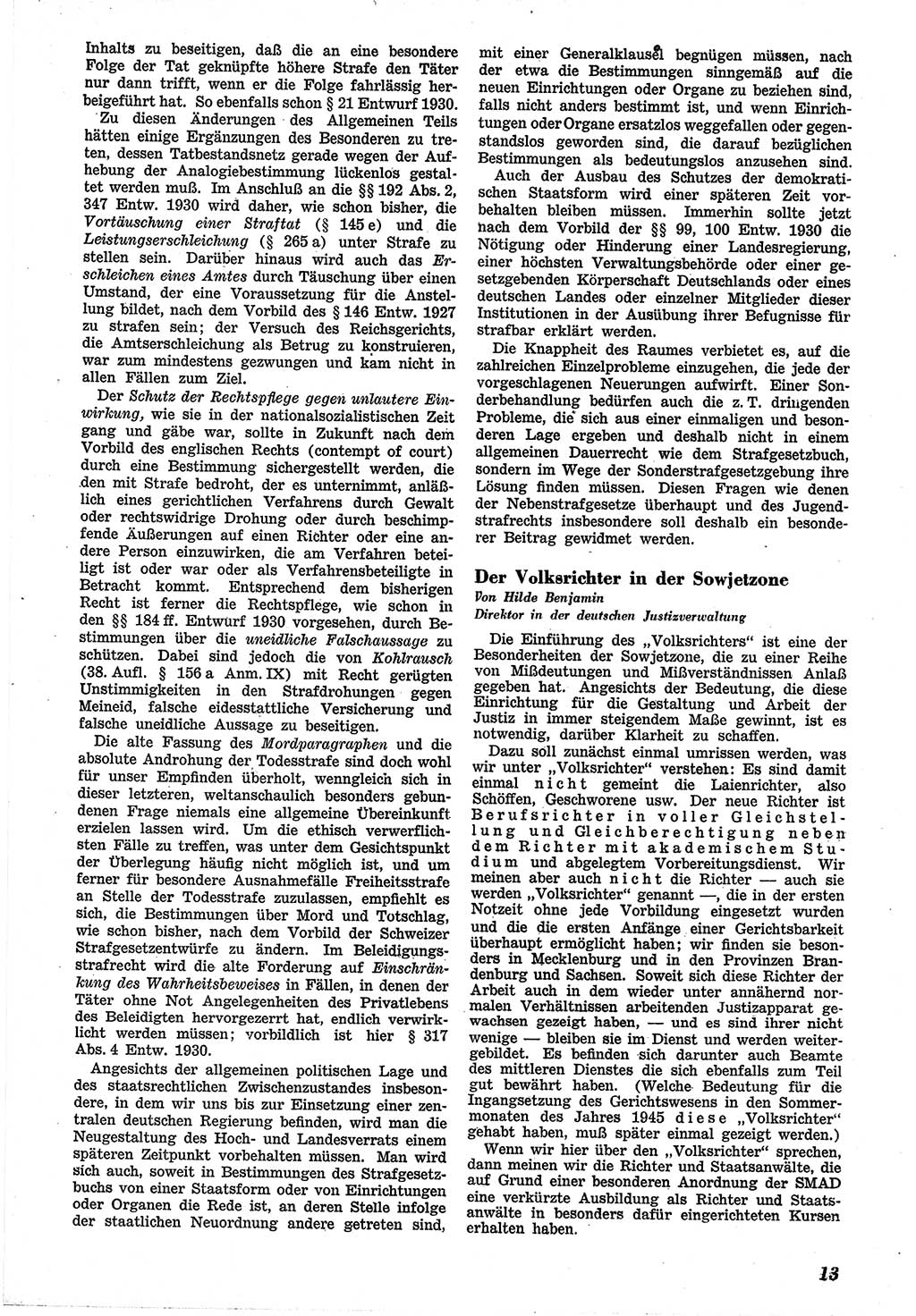 Neue Justiz (NJ), Zeitschrift für Recht und Rechtswissenschaft [Sowjetische Besatzungszone (SBZ) Deutschland], 1. Jahrgang 1947, Seite 13 (NJ SBZ Dtl. 1947, S. 13)