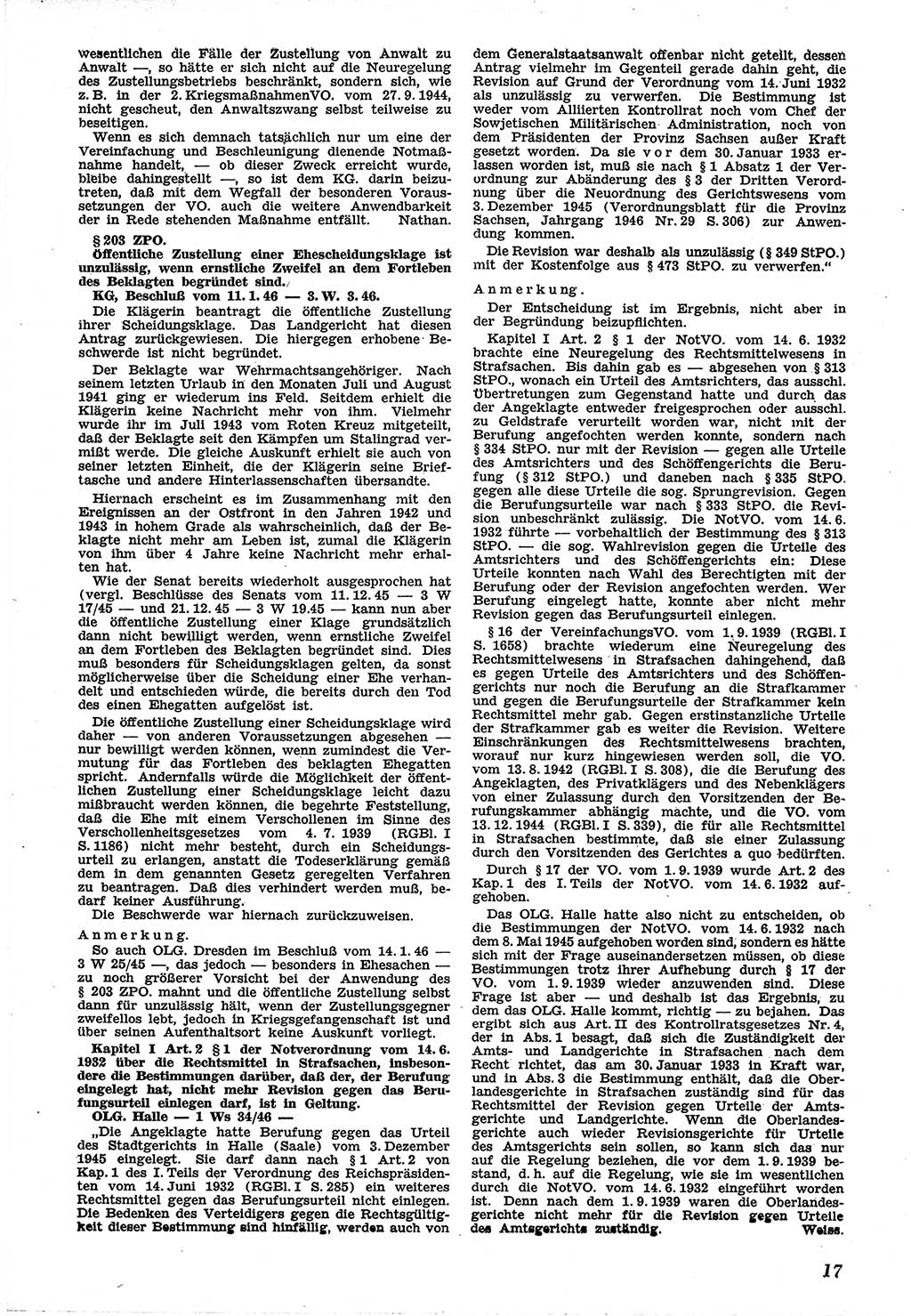 Neue Justiz (NJ), Zeitschrift für Recht und Rechtswissenschaft [Sowjetische Besatzungszone (SBZ) Deutschland], 1. Jahrgang 1947, Seite 17 (NJ SBZ Dtl. 1947, S. 17)