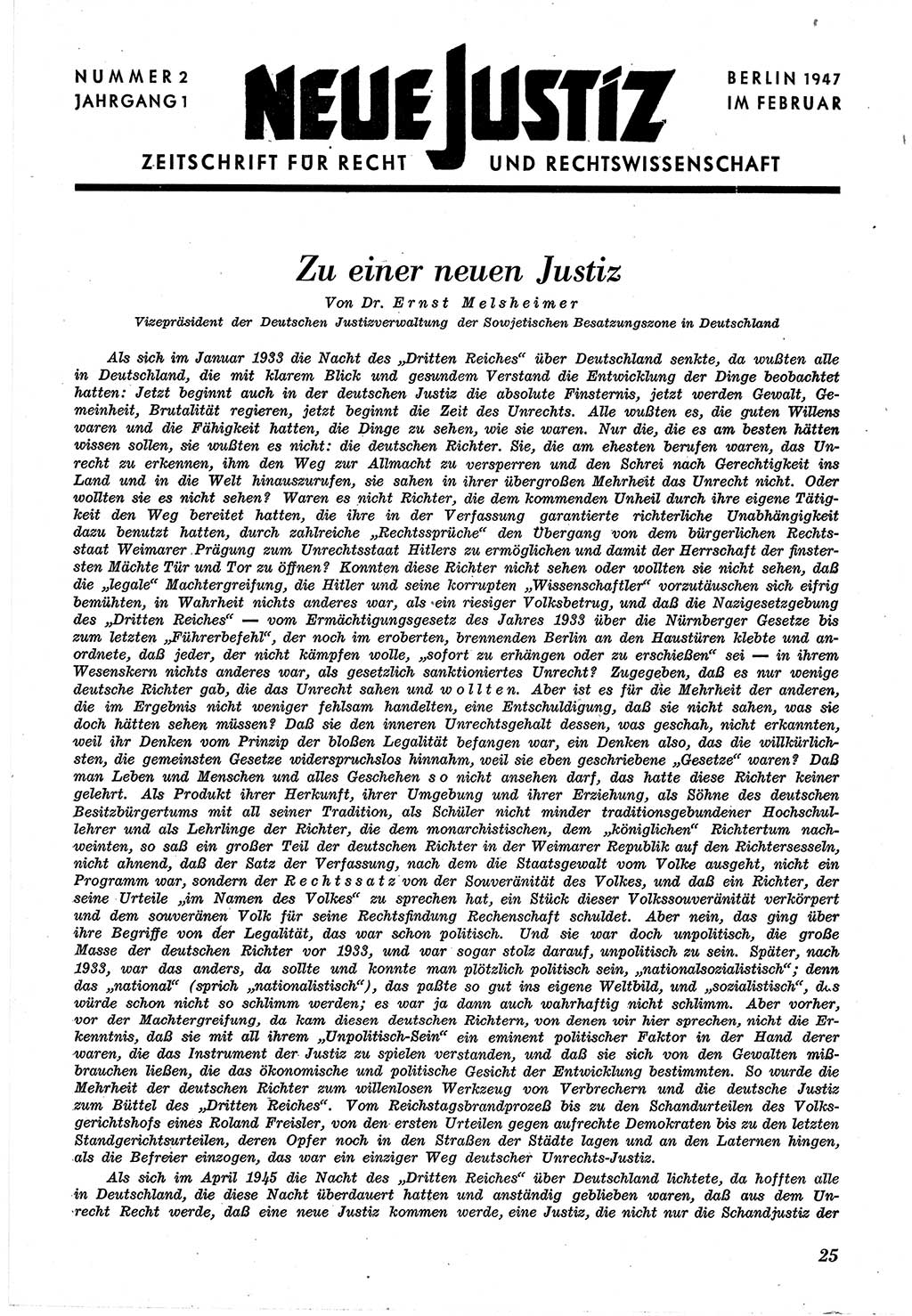 Neue Justiz (NJ), Zeitschrift für Recht und Rechtswissenschaft [Sowjetische Besatzungszone (SBZ) Deutschland], 1. Jahrgang 1947, Seite 25 (NJ SBZ Dtl. 1947, S. 25)