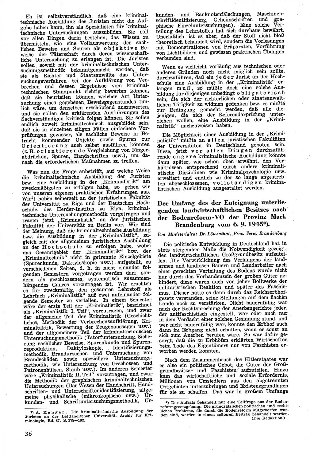 Neue Justiz (NJ), Zeitschrift für Recht und Rechtswissenschaft [Sowjetische Besatzungszone (SBZ) Deutschland], 1. Jahrgang 1947, Seite 36 (NJ SBZ Dtl. 1947, S. 36)