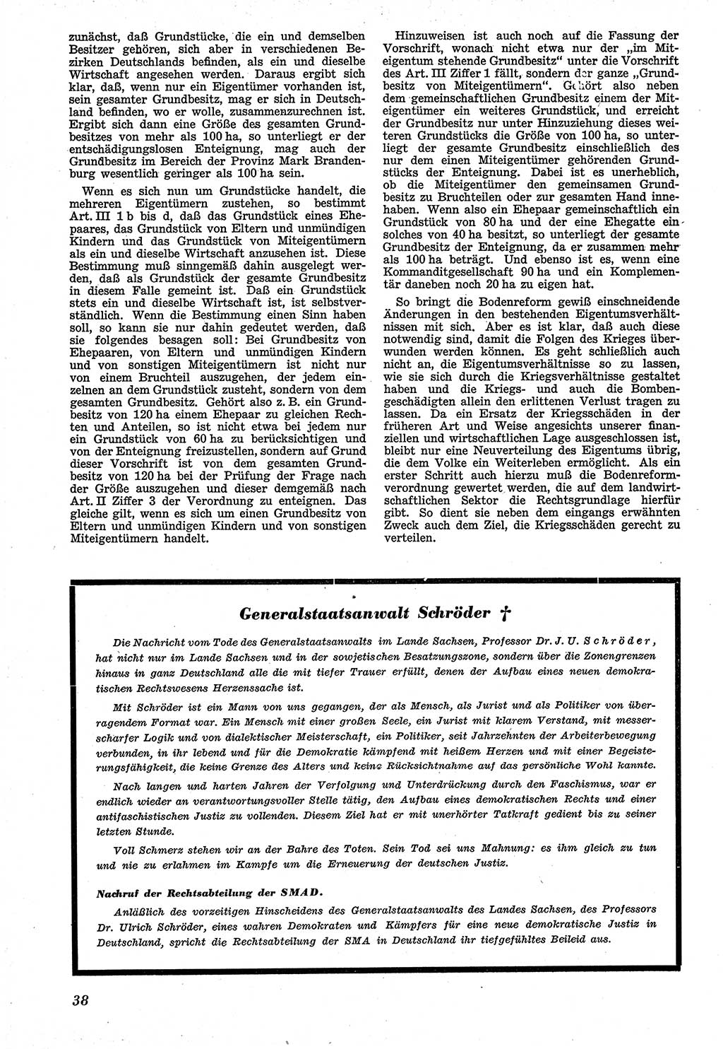 Neue Justiz (NJ), Zeitschrift für Recht und Rechtswissenschaft [Sowjetische Besatzungszone (SBZ) Deutschland], 1. Jahrgang 1947, Seite 38 (NJ SBZ Dtl. 1947, S. 38)