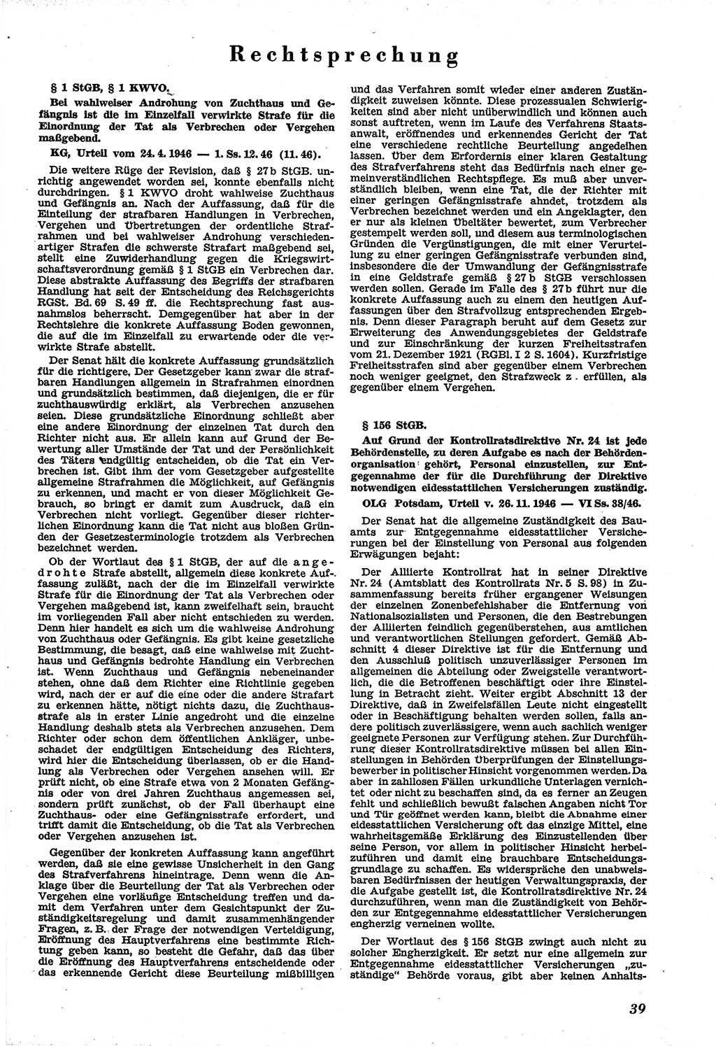 Neue Justiz (NJ), Zeitschrift für Recht und Rechtswissenschaft [Sowjetische Besatzungszone (SBZ) Deutschland], 1. Jahrgang 1947, Seite 39 (NJ SBZ Dtl. 1947, S. 39)