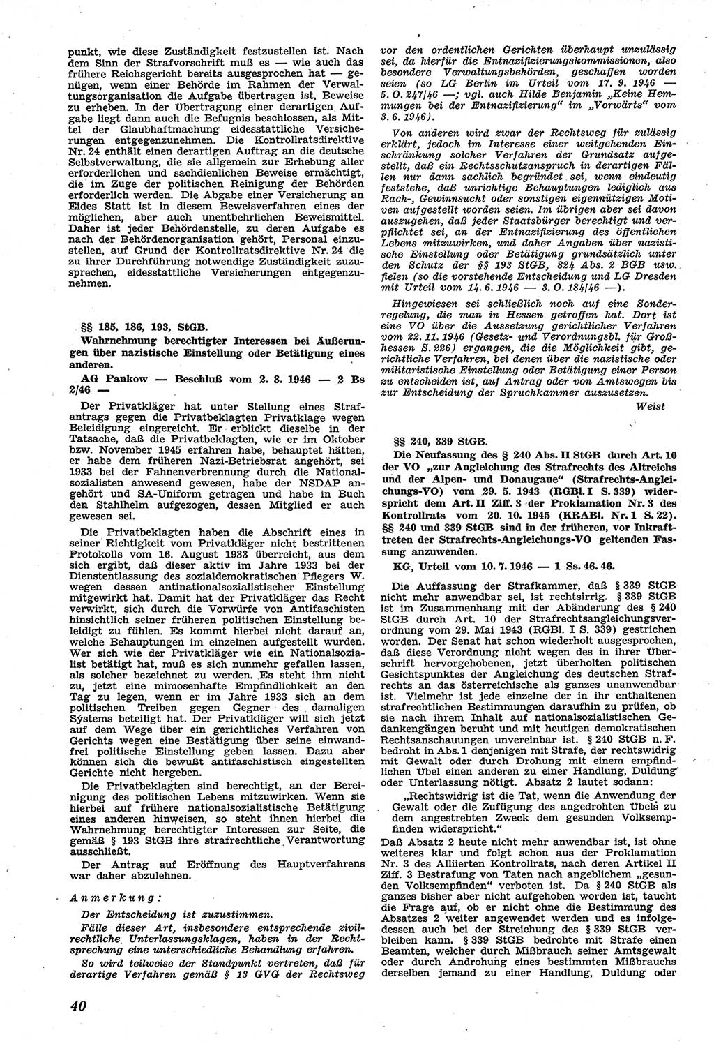 Neue Justiz (NJ), Zeitschrift für Recht und Rechtswissenschaft [Sowjetische Besatzungszone (SBZ) Deutschland], 1. Jahrgang 1947, Seite 40 (NJ SBZ Dtl. 1947, S. 40)