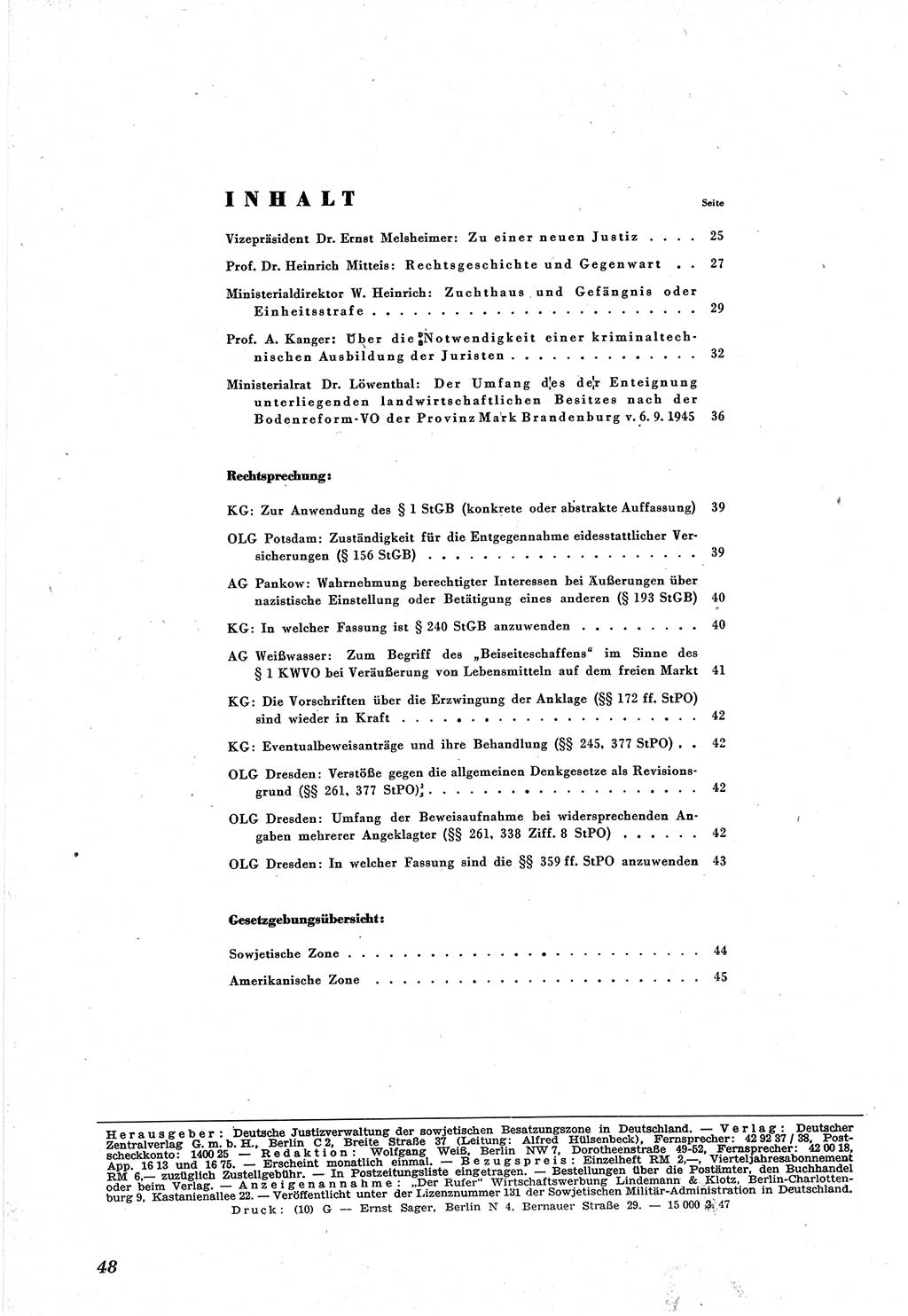 Neue Justiz (NJ), Zeitschrift für Recht und Rechtswissenschaft [Sowjetische Besatzungszone (SBZ) Deutschland], 1. Jahrgang 1947, Seite 48 (NJ SBZ Dtl. 1947, S. 48)