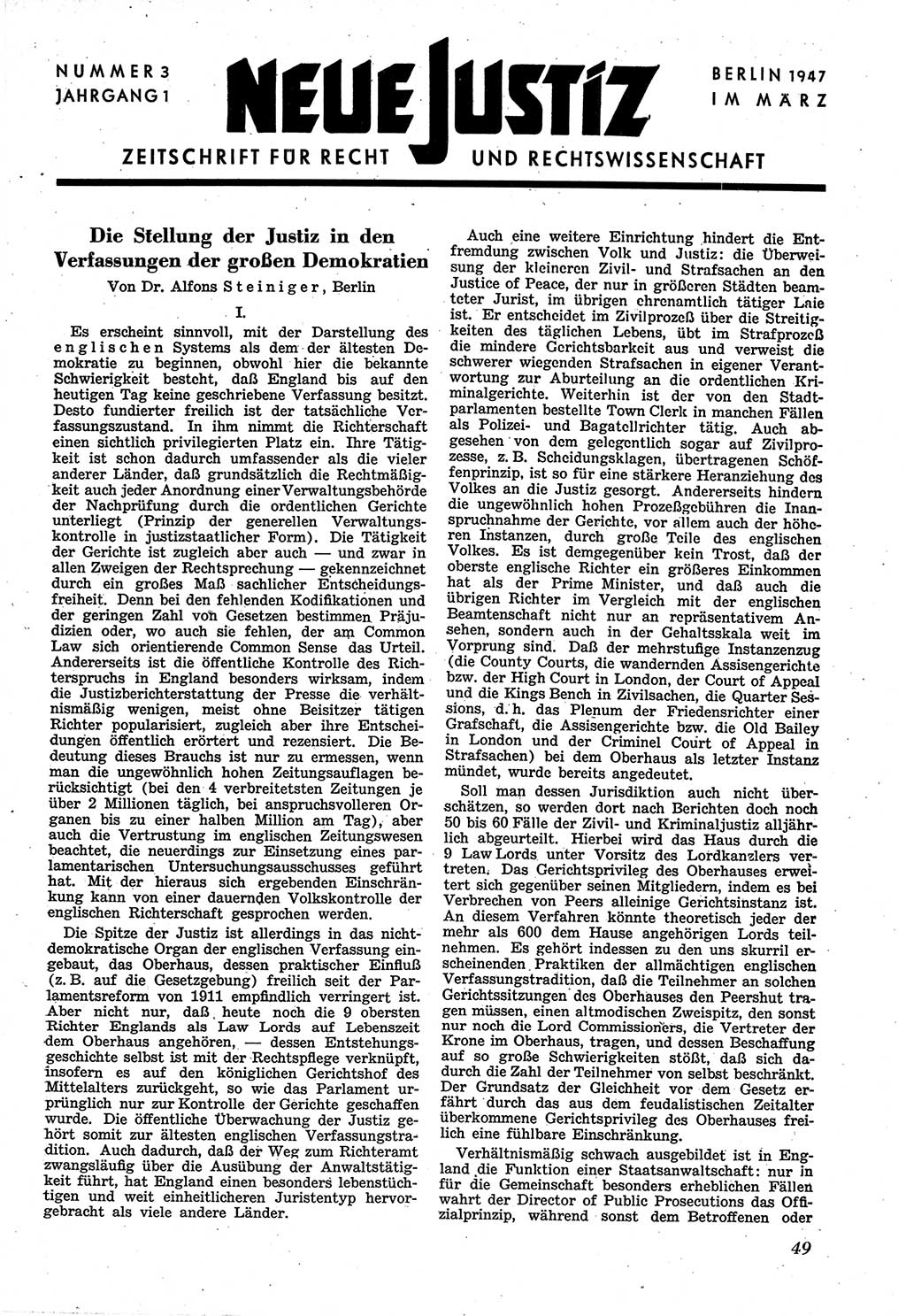 Neue Justiz (NJ), Zeitschrift für Recht und Rechtswissenschaft [Sowjetische Besatzungszone (SBZ) Deutschland], 1. Jahrgang 1947, Seite 49 (NJ SBZ Dtl. 1947, S. 49)