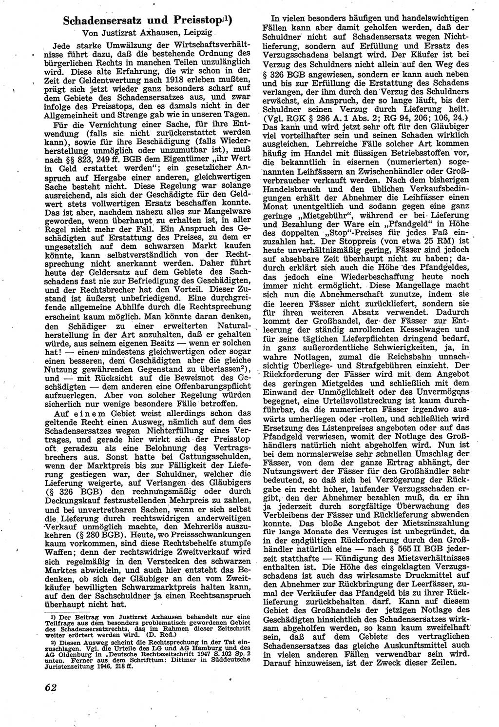 Neue Justiz (NJ), Zeitschrift für Recht und Rechtswissenschaft [Sowjetische Besatzungszone (SBZ) Deutschland], 1. Jahrgang 1947, Seite 62 (NJ SBZ Dtl. 1947, S. 62)