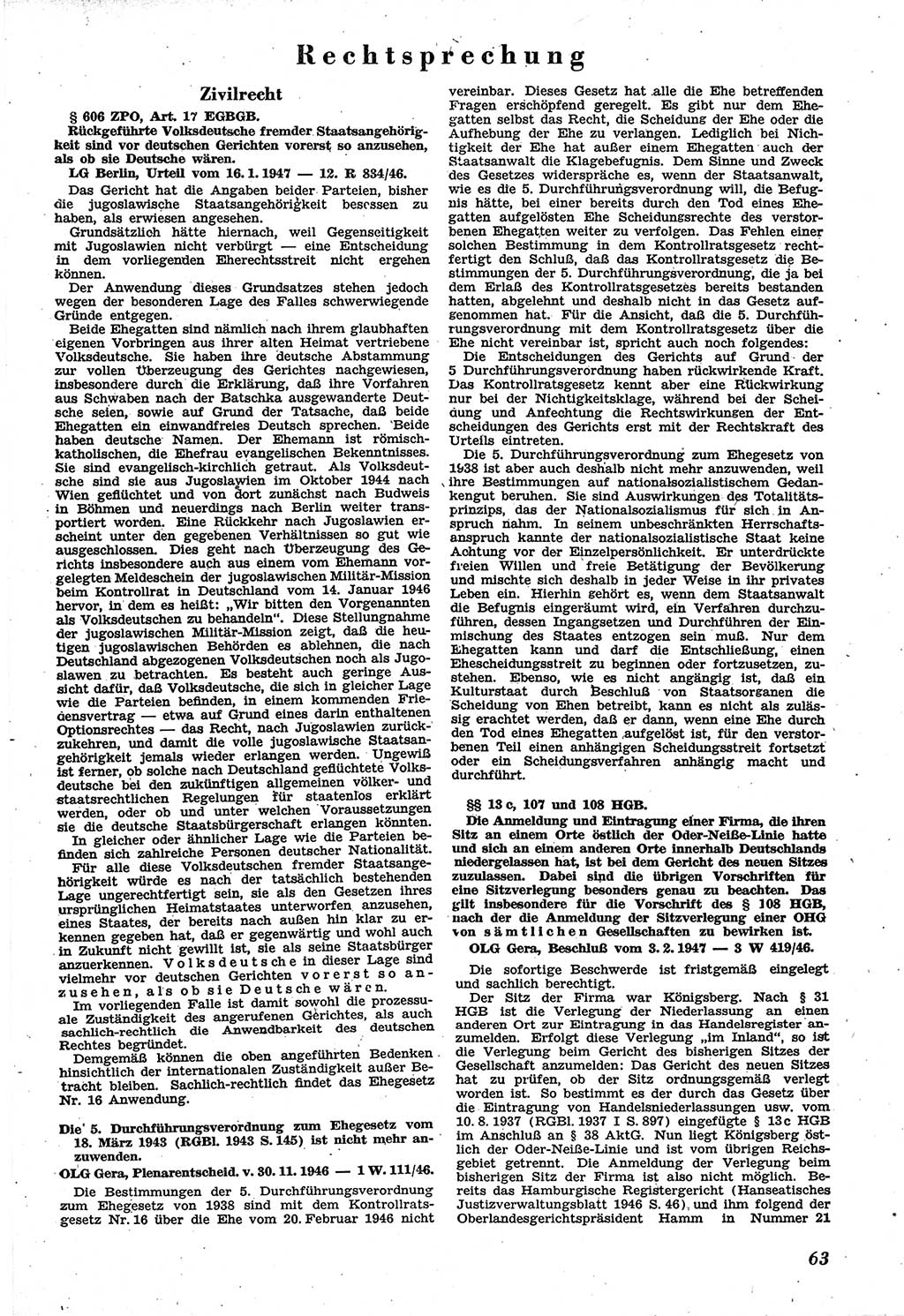 Neue Justiz (NJ), Zeitschrift für Recht und Rechtswissenschaft [Sowjetische Besatzungszone (SBZ) Deutschland], 1. Jahrgang 1947, Seite 63 (NJ SBZ Dtl. 1947, S. 63)