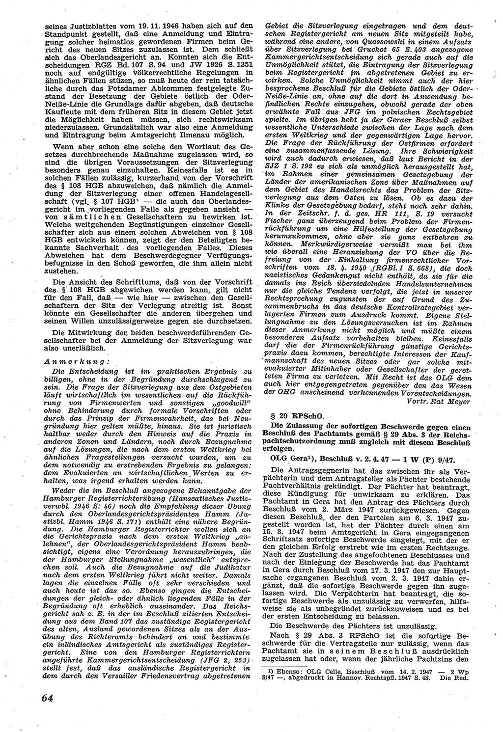 Neue Justiz (NJ), Zeitschrift für Recht und Rechtswissenschaft [Sowjetische Besatzungszone (SBZ) Deutschland], 1. Jahrgang 1947, Seite 64 (NJ SBZ Dtl. 1947, S. 64)