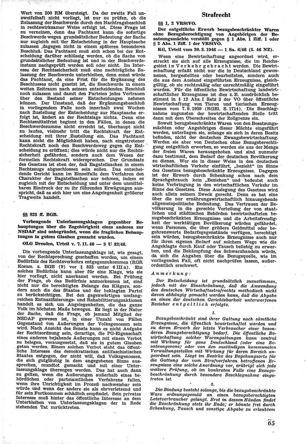 Neue Justiz (NJ), Zeitschrift für Recht und Rechtswissenschaft [Sowjetische Besatzungszone (SBZ) Deutschland], 1. Jahrgang 1947, Seite 65 (NJ SBZ Dtl. 1947, S. 65)