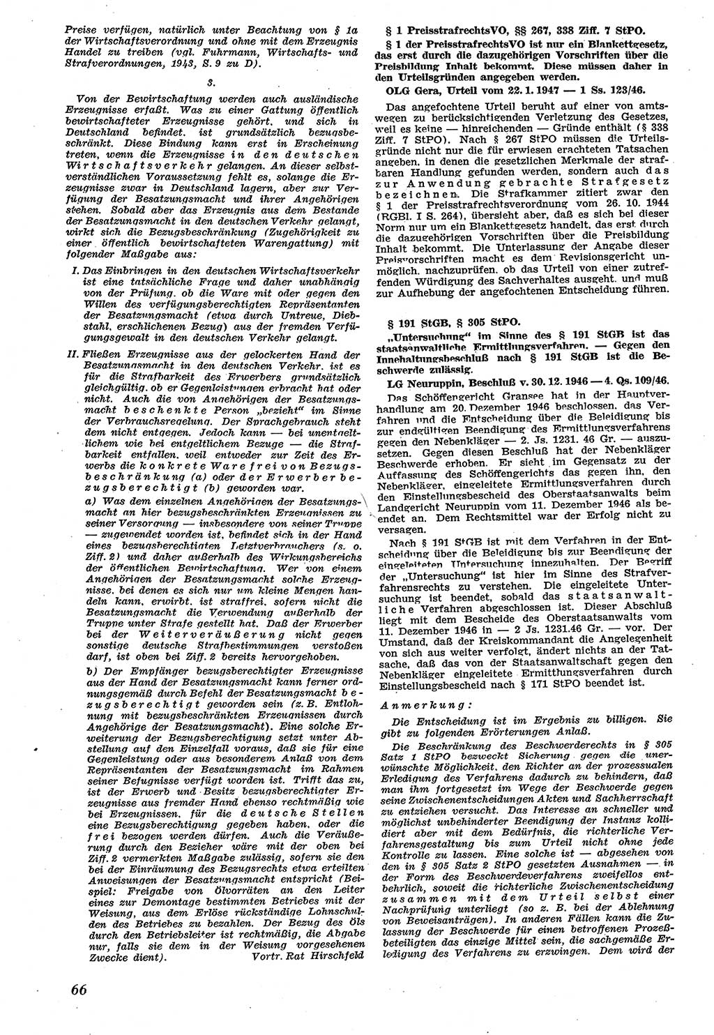 Neue Justiz (NJ), Zeitschrift für Recht und Rechtswissenschaft [Sowjetische Besatzungszone (SBZ) Deutschland], 1. Jahrgang 1947, Seite 66 (NJ SBZ Dtl. 1947, S. 66)