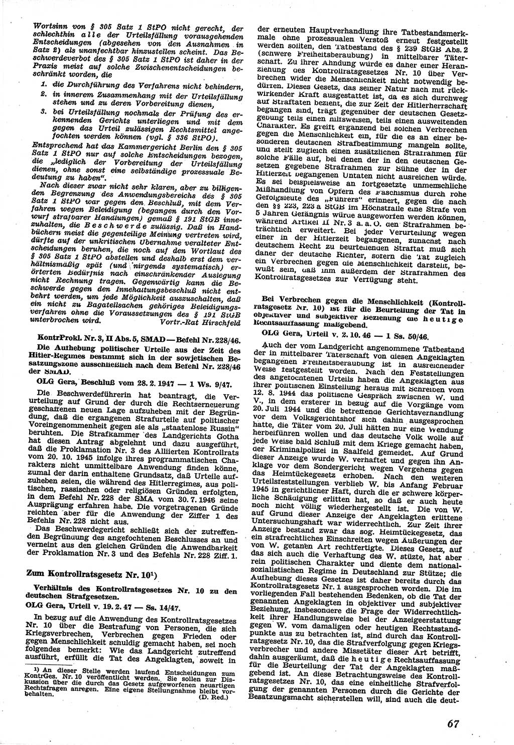 Neue Justiz (NJ), Zeitschrift für Recht und Rechtswissenschaft [Sowjetische Besatzungszone (SBZ) Deutschland], 1. Jahrgang 1947, Seite 67 (NJ SBZ Dtl. 1947, S. 67)