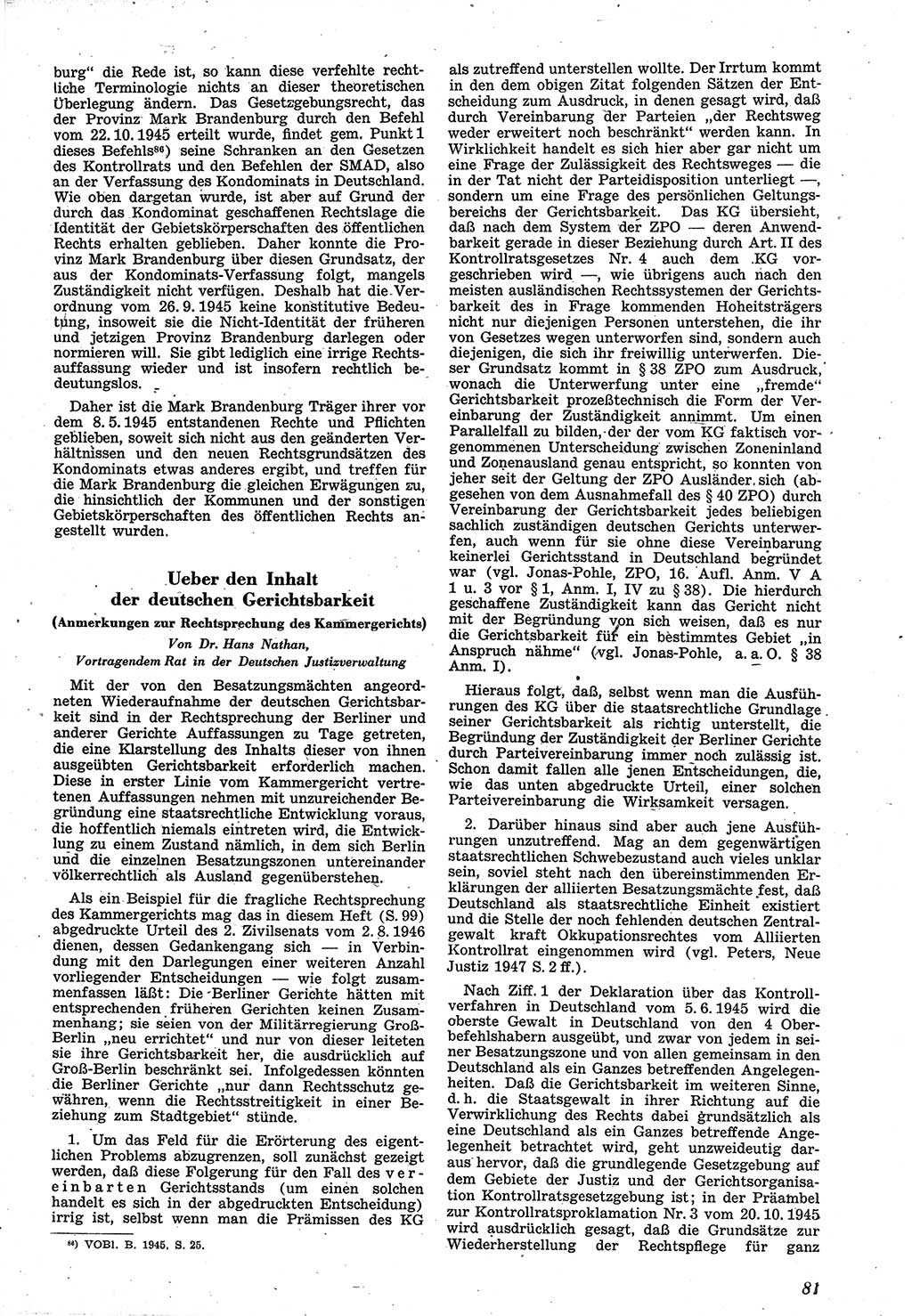 Neue Justiz (NJ), Zeitschrift für Recht und Rechtswissenschaft [Sowjetische Besatzungszone (SBZ) Deutschland], 1. Jahrgang 1947, Seite 81 (NJ SBZ Dtl. 1947, S. 81)