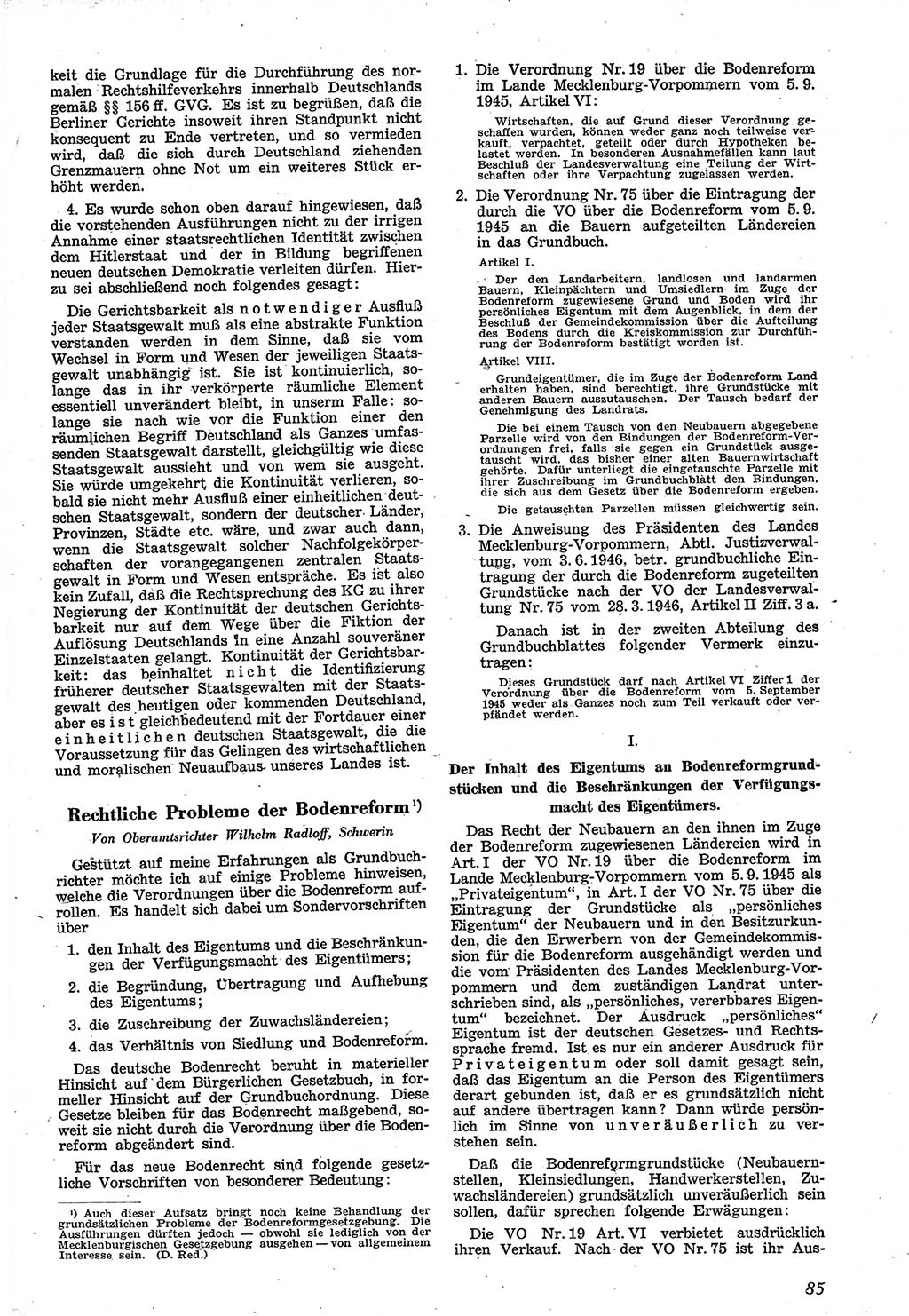 Neue Justiz (NJ), Zeitschrift für Recht und Rechtswissenschaft [Sowjetische Besatzungszone (SBZ) Deutschland], 1. Jahrgang 1947, Seite 85 (NJ SBZ Dtl. 1947, S. 85)