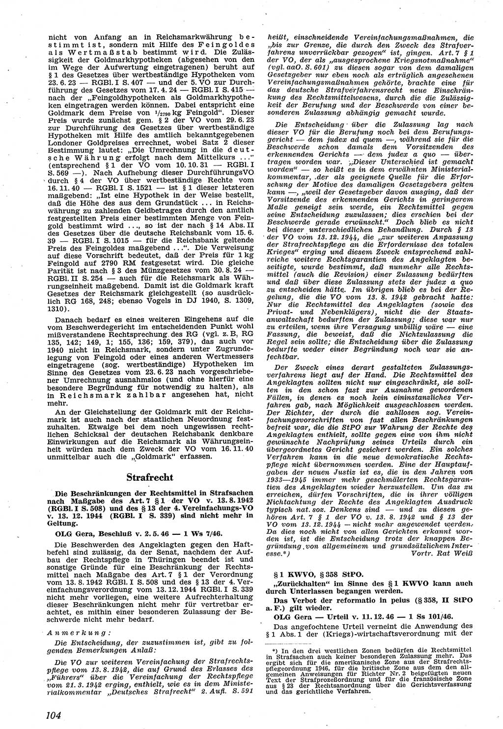 Neue Justiz (NJ), Zeitschrift für Recht und Rechtswissenschaft [Sowjetische Besatzungszone (SBZ) Deutschland], 1. Jahrgang 1947, Seite 104 (NJ SBZ Dtl. 1947, S. 104)