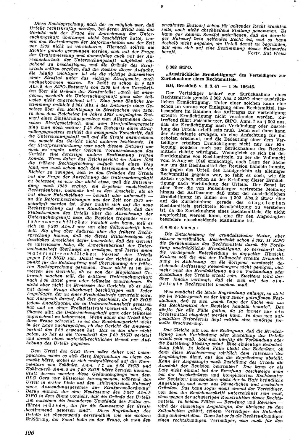 Neue Justiz (NJ), Zeitschrift für Recht und Rechtswissenschaft [Sowjetische Besatzungszone (SBZ) Deutschland], 1. Jahrgang 1947, Seite 106 (NJ SBZ Dtl. 1947, S. 106)