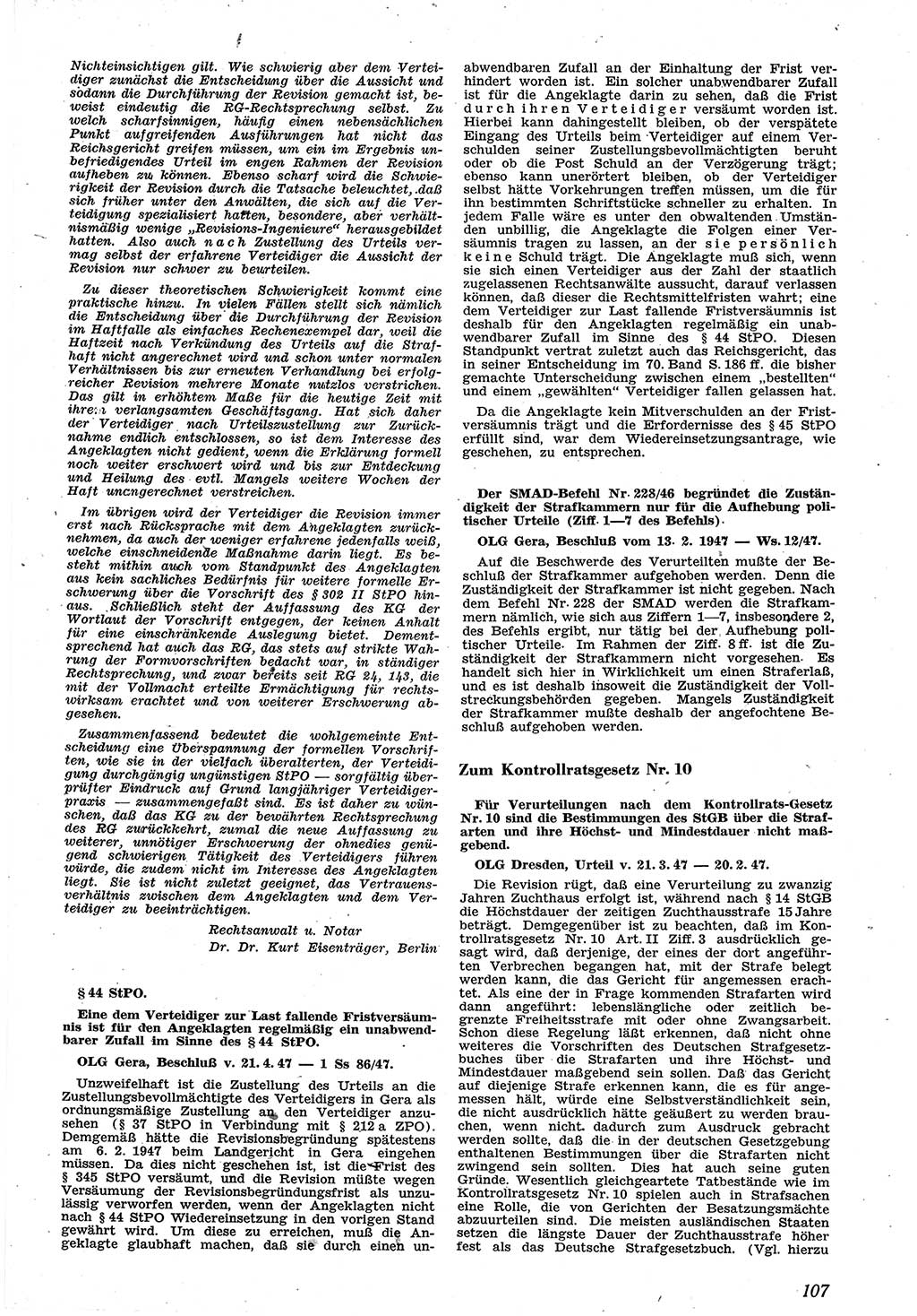 Neue Justiz (NJ), Zeitschrift für Recht und Rechtswissenschaft [Sowjetische Besatzungszone (SBZ) Deutschland], 1. Jahrgang 1947, Seite 107 (NJ SBZ Dtl. 1947, S. 107)