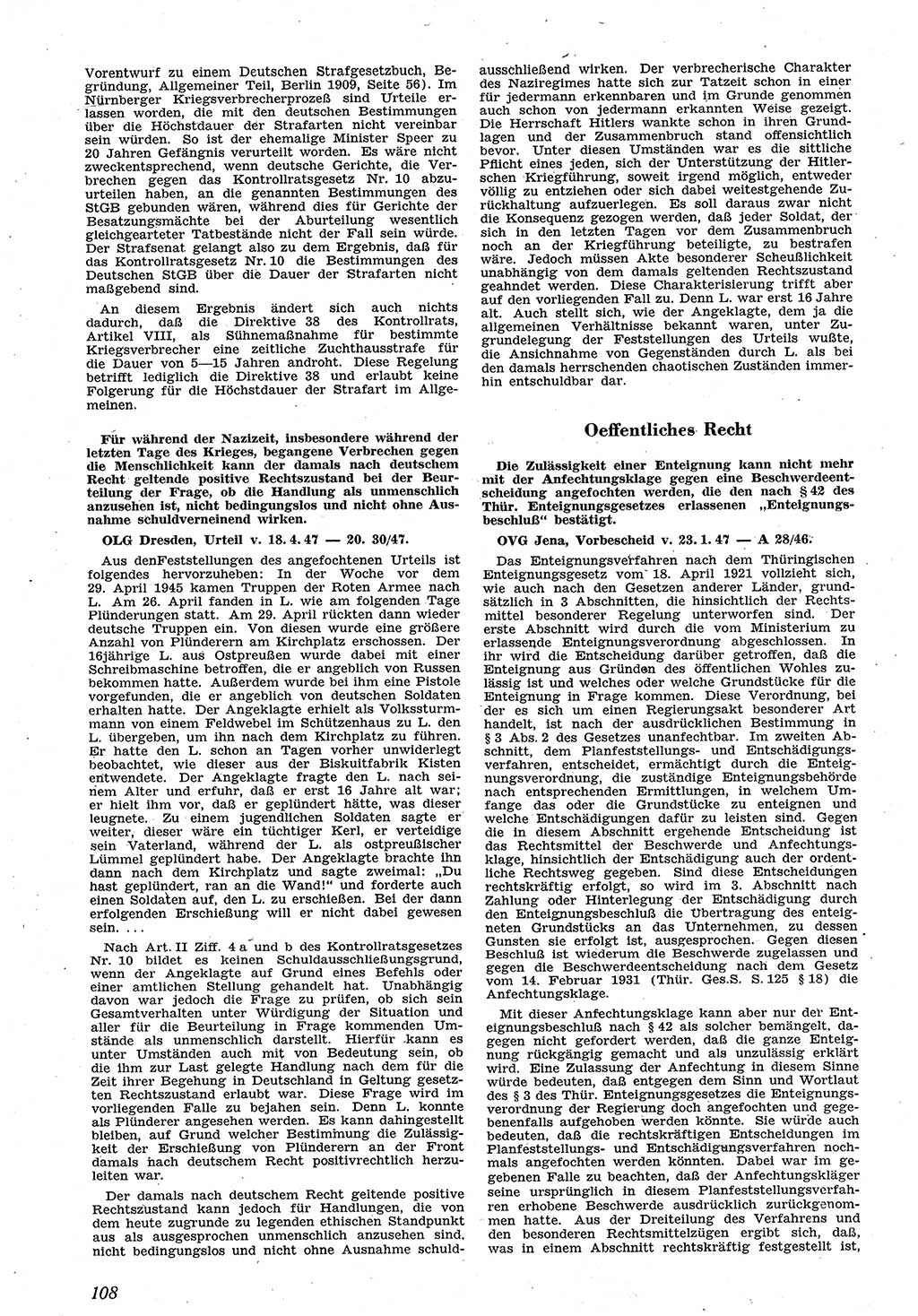 Neue Justiz (NJ), Zeitschrift für Recht und Rechtswissenschaft [Sowjetische Besatzungszone (SBZ) Deutschland], 1. Jahrgang 1947, Seite 108 (NJ SBZ Dtl. 1947, S. 108)