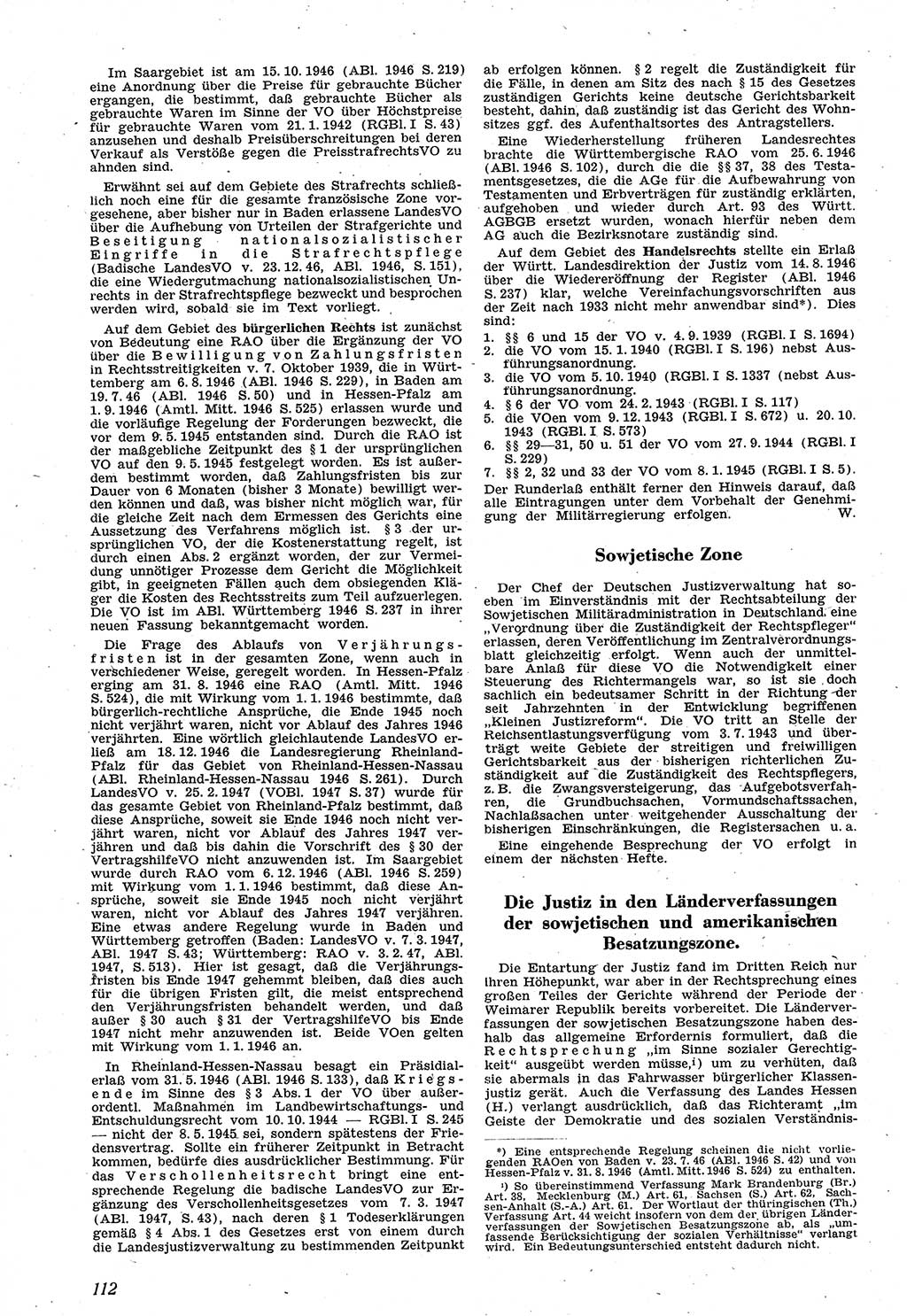 Neue Justiz (NJ), Zeitschrift für Recht und Rechtswissenschaft [Sowjetische Besatzungszone (SBZ) Deutschland], 1. Jahrgang 1947, Seite 112 (NJ SBZ Dtl. 1947, S. 112)